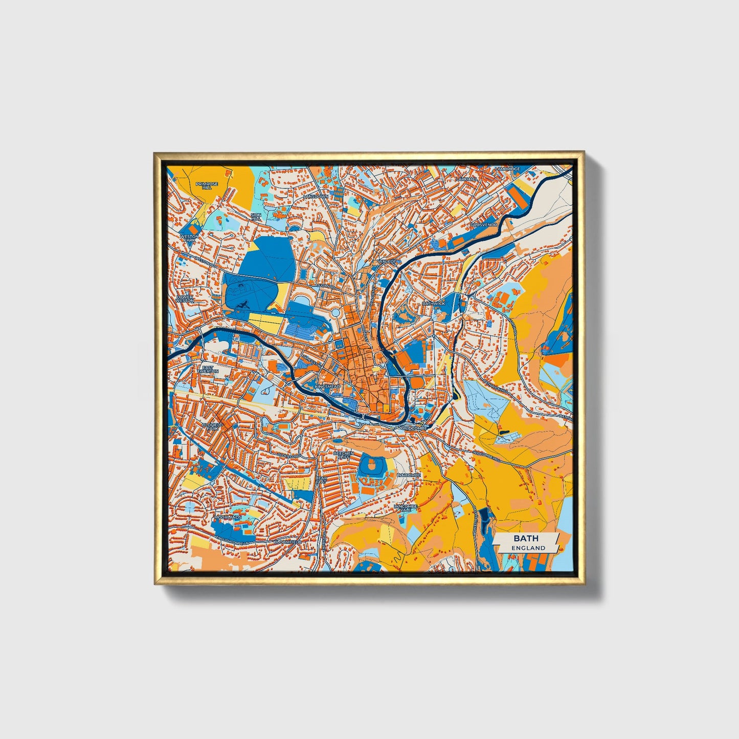 Bath England Colorful City Map Canvas Print • Gold Framed