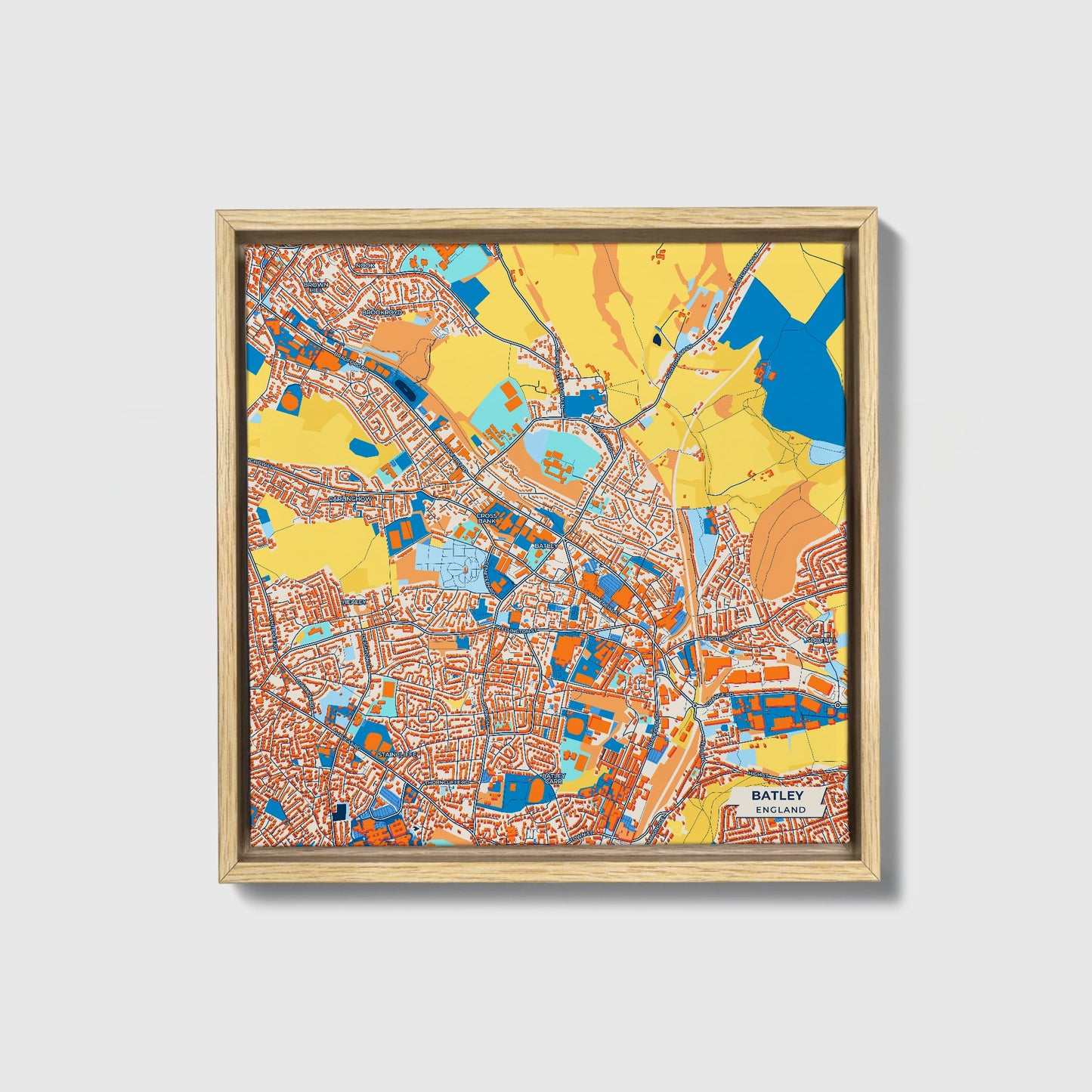 Batley England Colorful City Map Canvas Print • Natural Wooden Framed