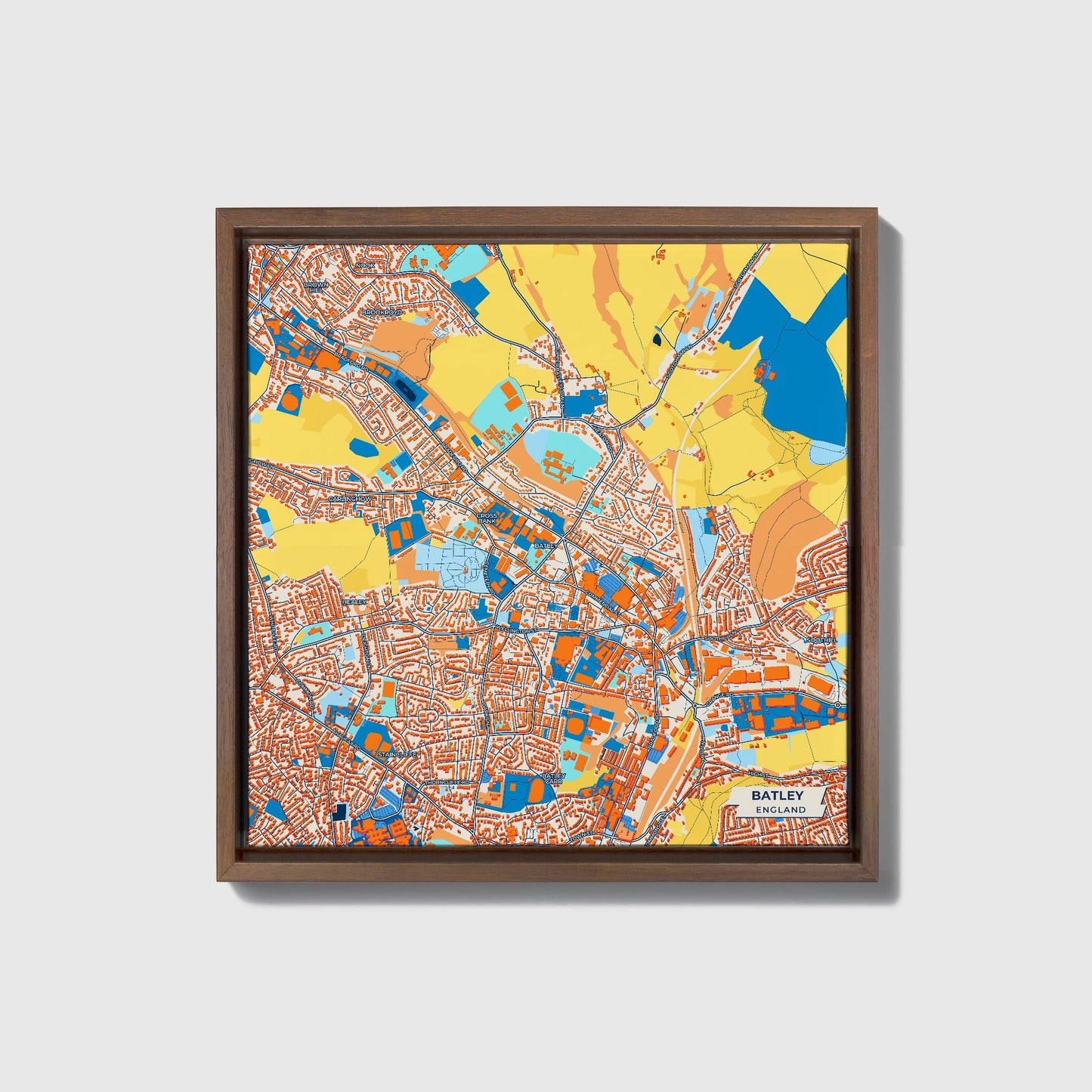 Batley England Colorful City Map Canvas Print • Dark Wooden Framed