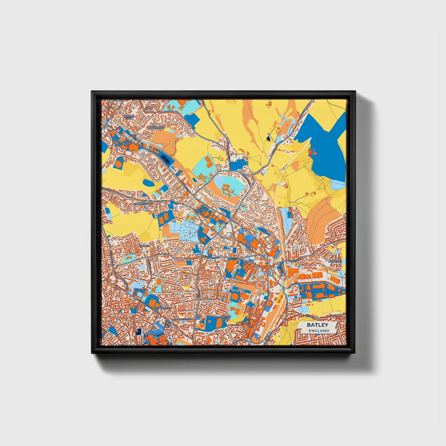 Batley England Colorful City Map Canvas Print • Black Framed