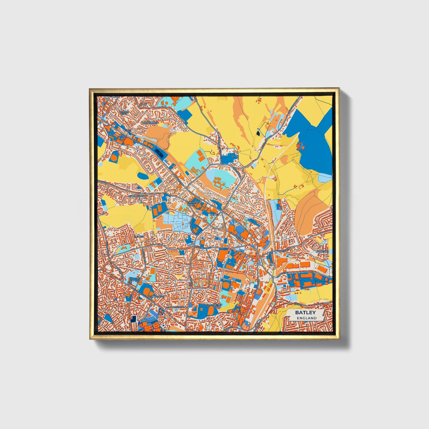 Batley England Colorful City Map Canvas Print • Gold Framed
