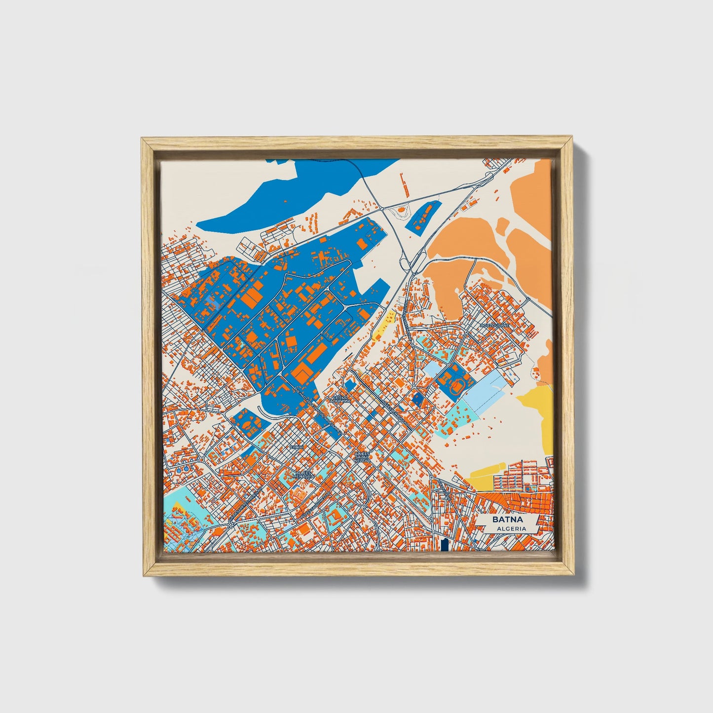 Batna Algeria Colorful City Map Canvas Print • Natural Wooden Framed