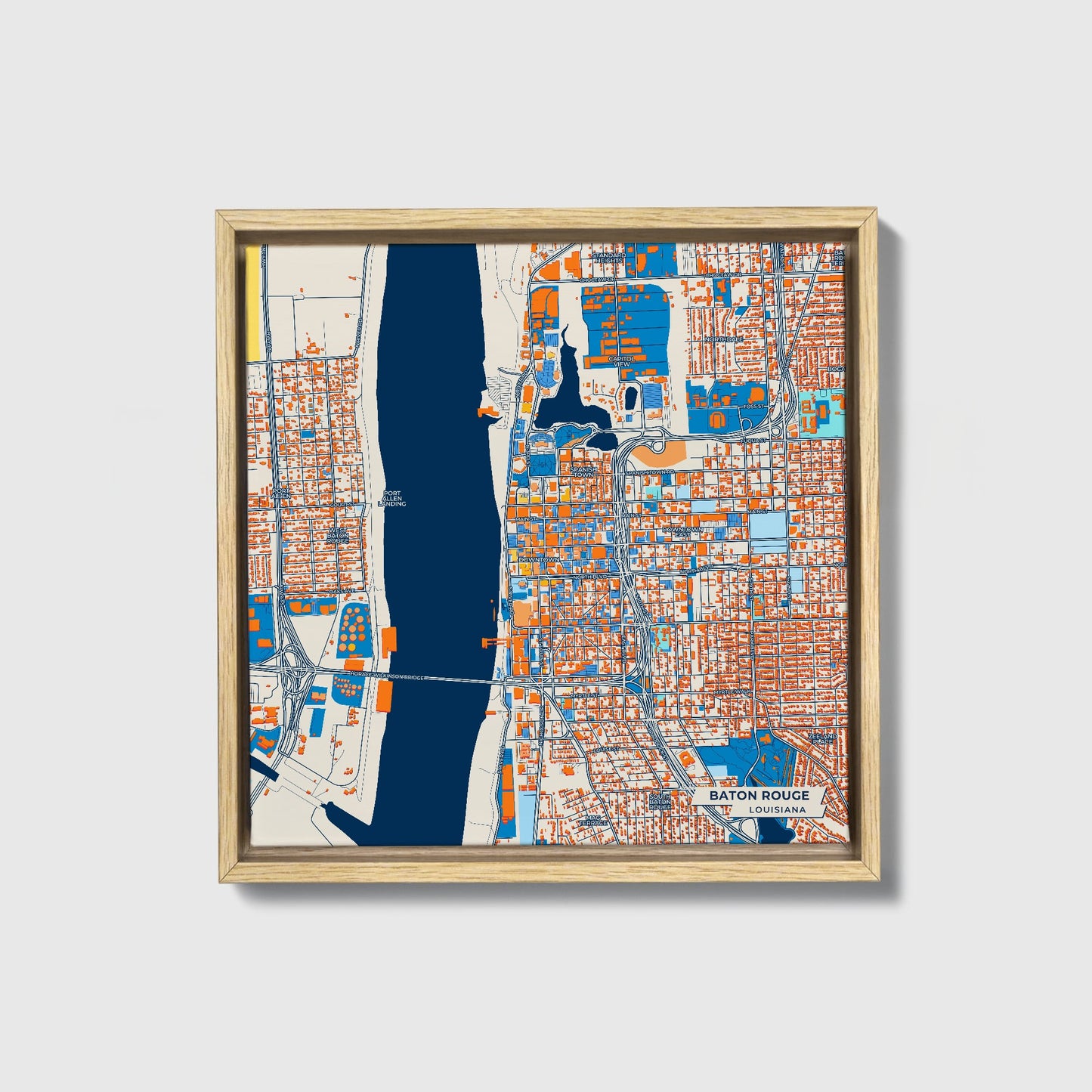 Baton Rouge Louisiana Colorful City Map Canvas Print • Natural Wooden Framed