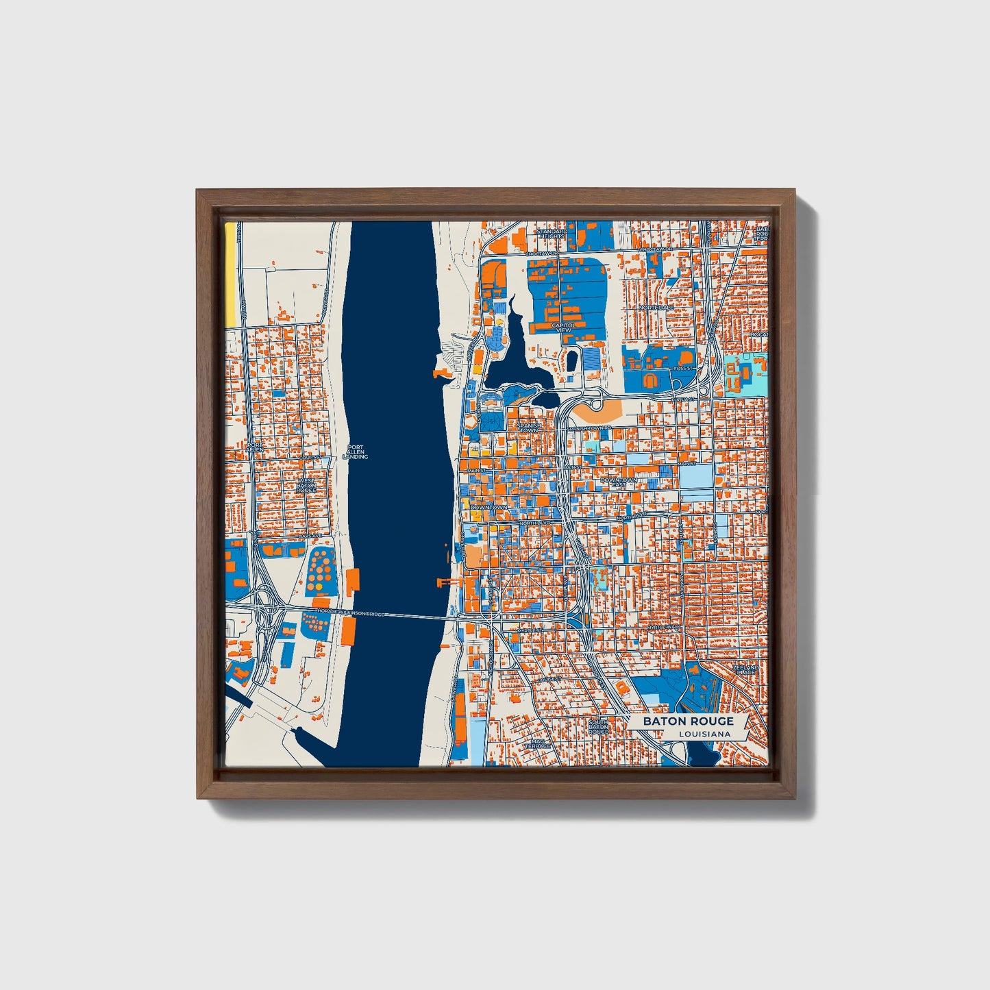 Baton Rouge Louisiana Colorful City Map Canvas Print • Dark Wooden Framed