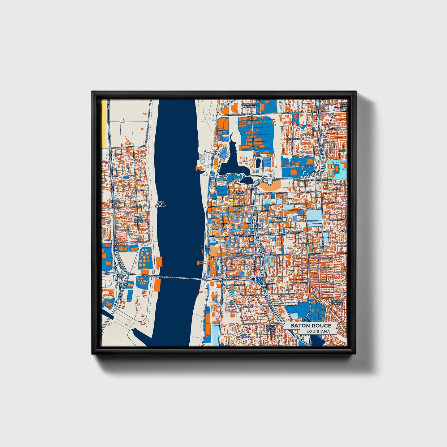 Baton Rouge Louisiana Colorful City Map Canvas Print • Black Framed