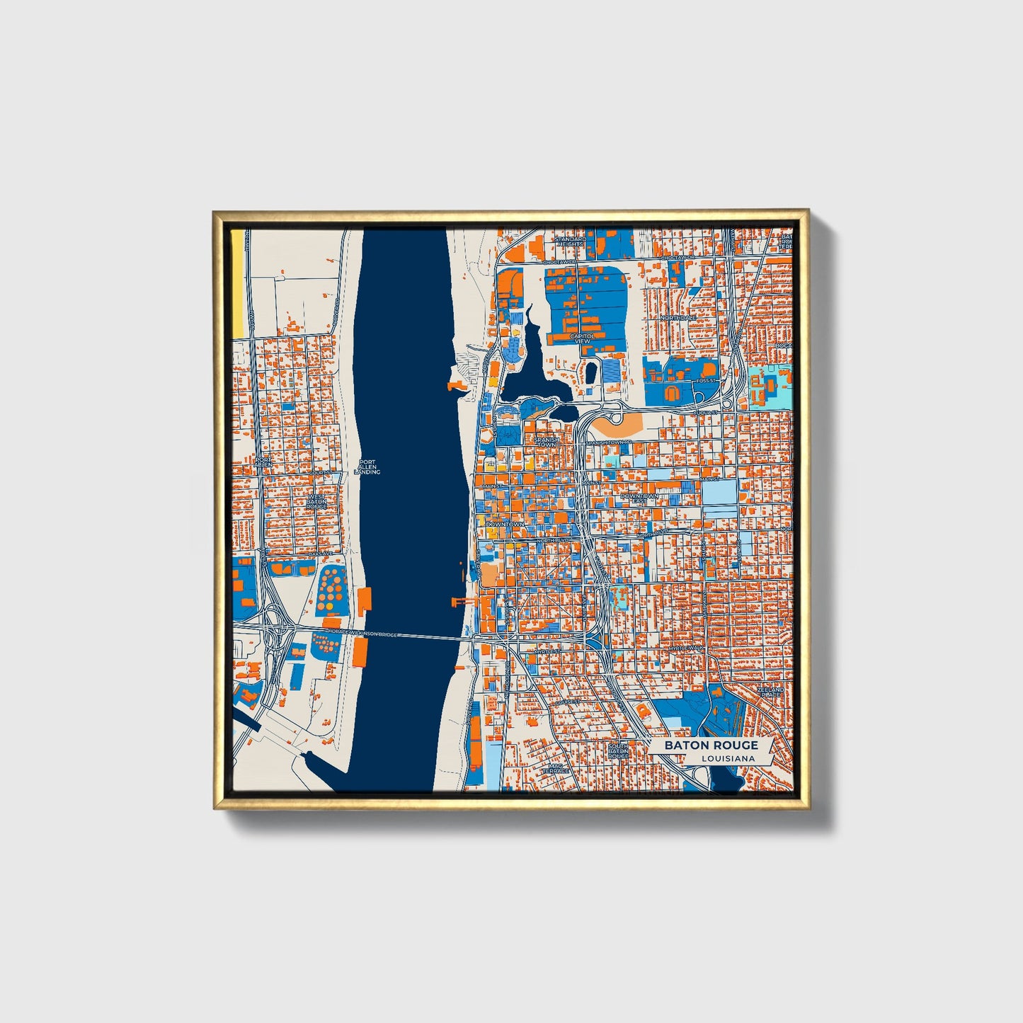 Baton Rouge Louisiana Colorful City Map Canvas Print • Gold Framed