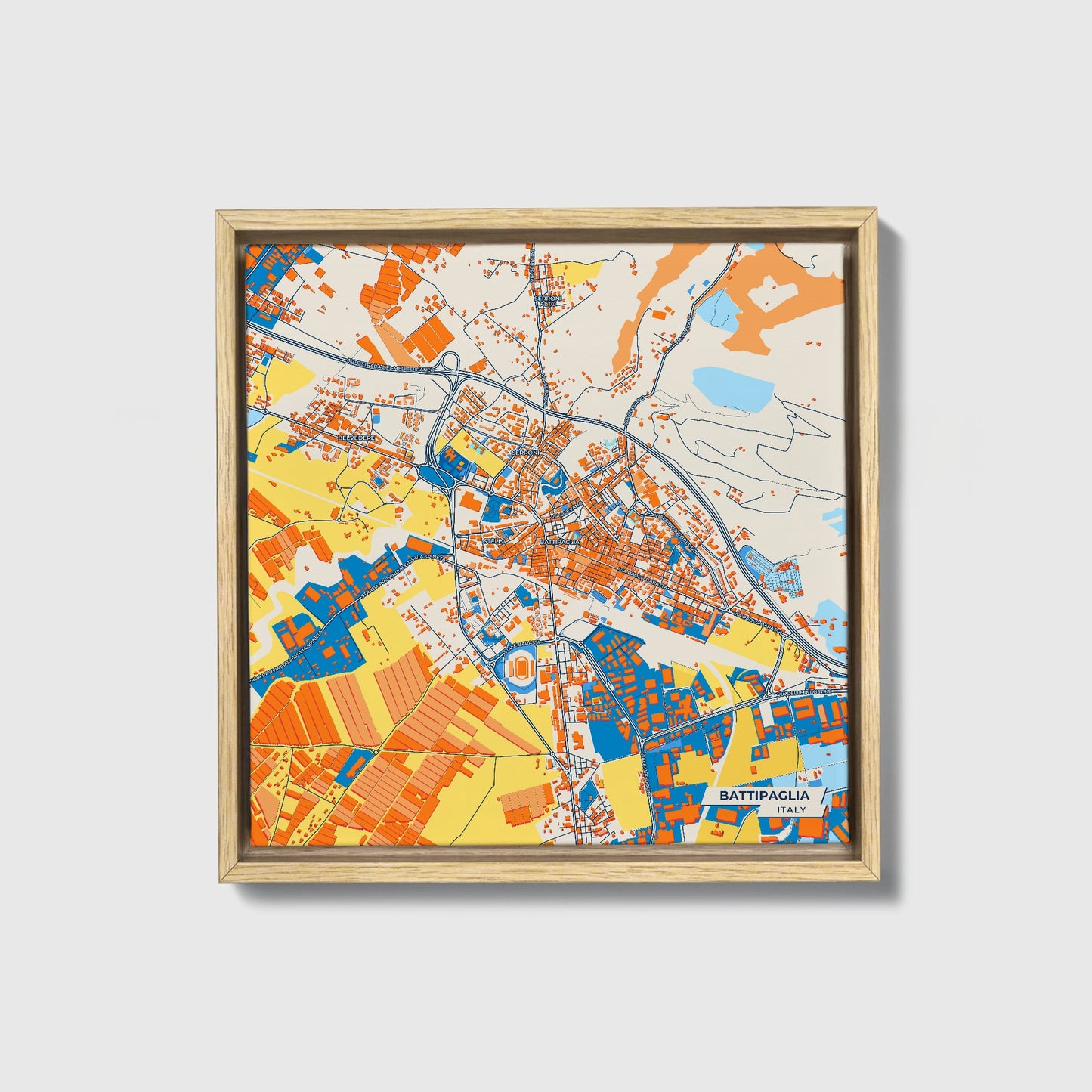 Battipaglia Italy Colorful City Map Canvas Print • Natural Wooden Framed