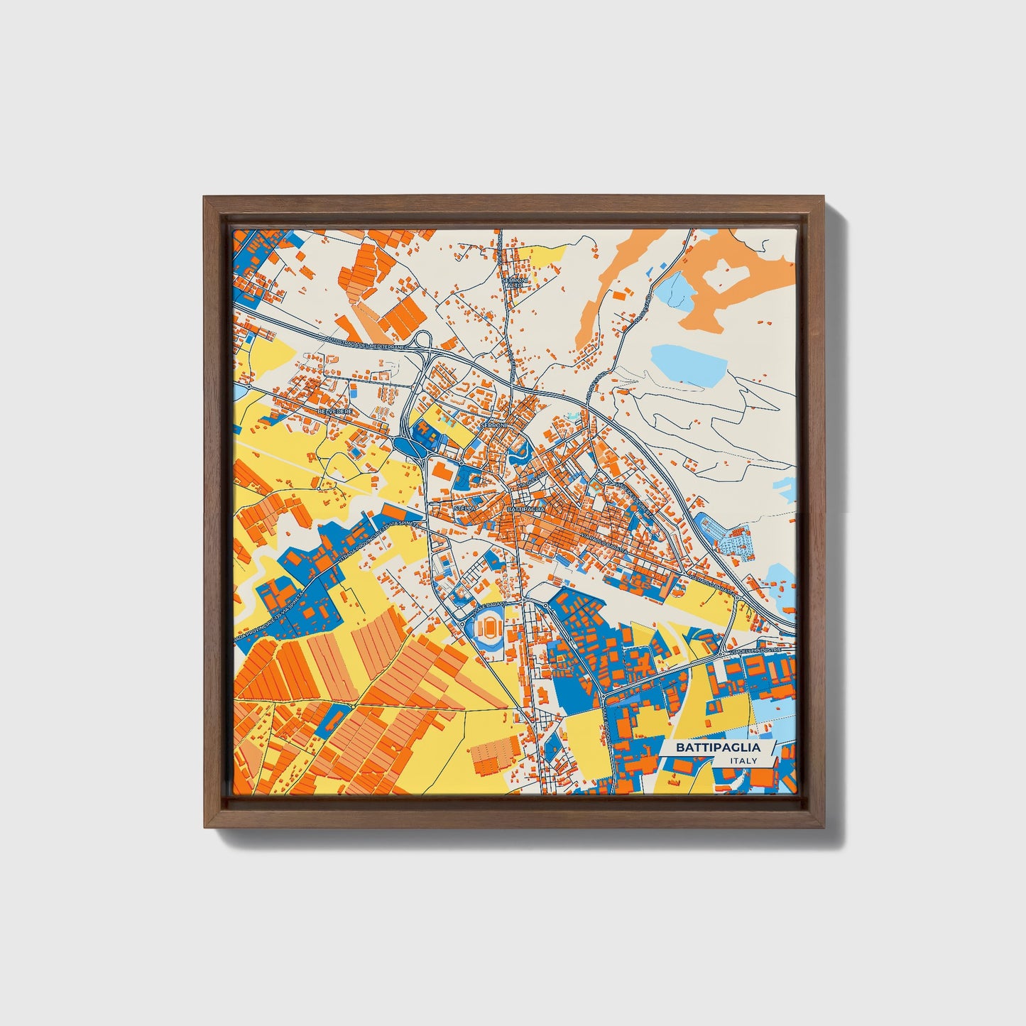 Battipaglia Italy Colorful City Map Canvas Print • Dark Wooden Framed