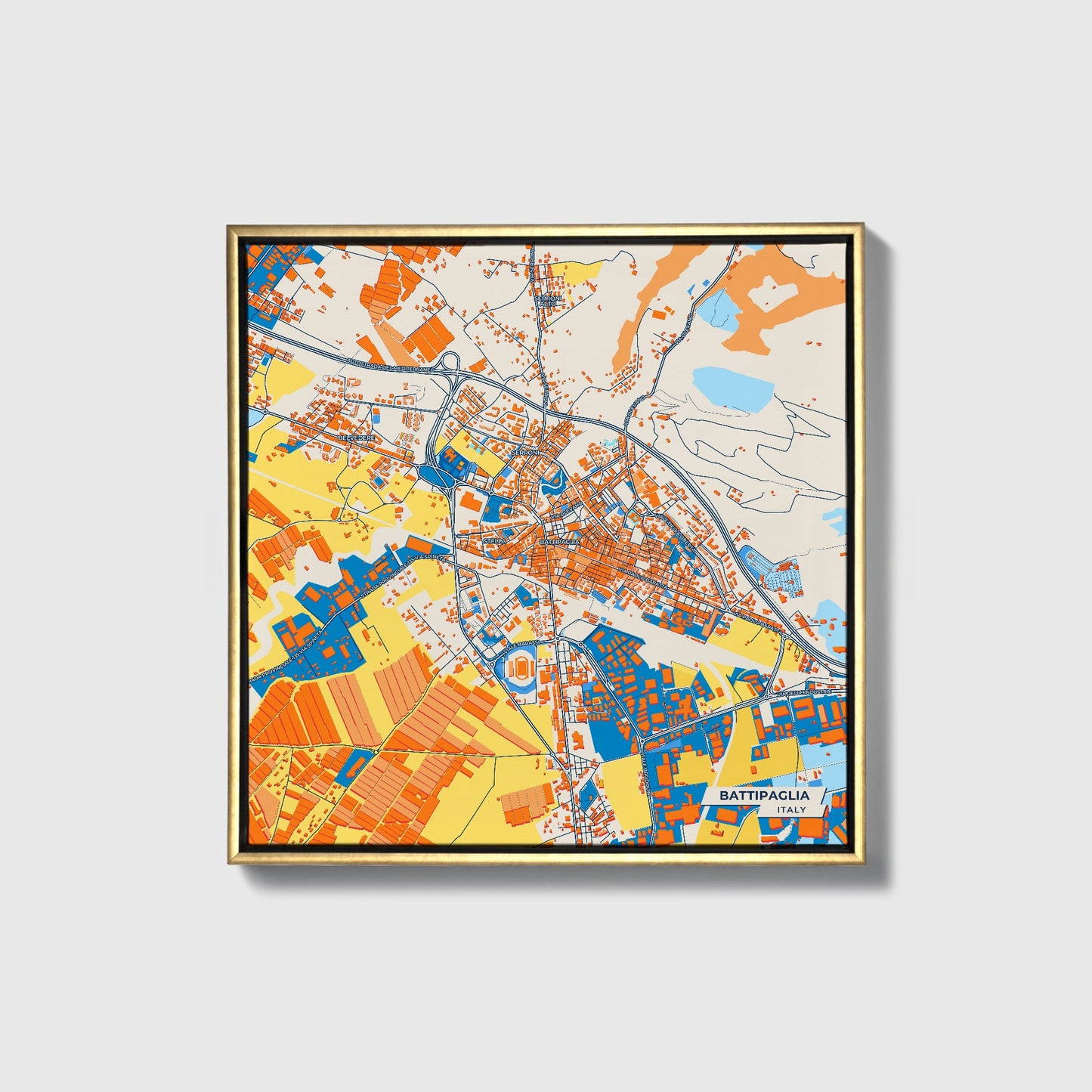 Battipaglia Italy Colorful City Map Canvas Print • Gold Framed