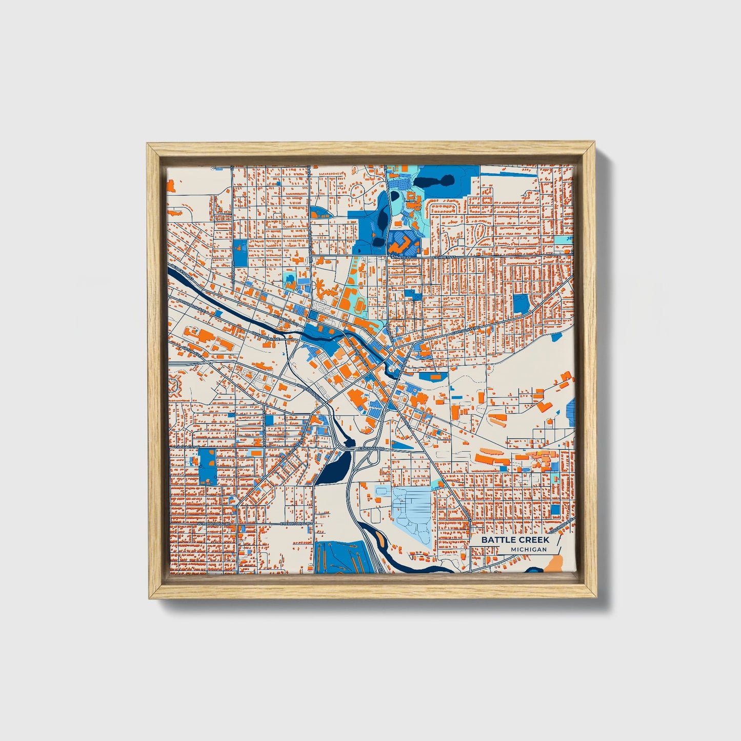 Battle Creek Michigan Colorful City Map Canvas Print • Natural Wooden Framed