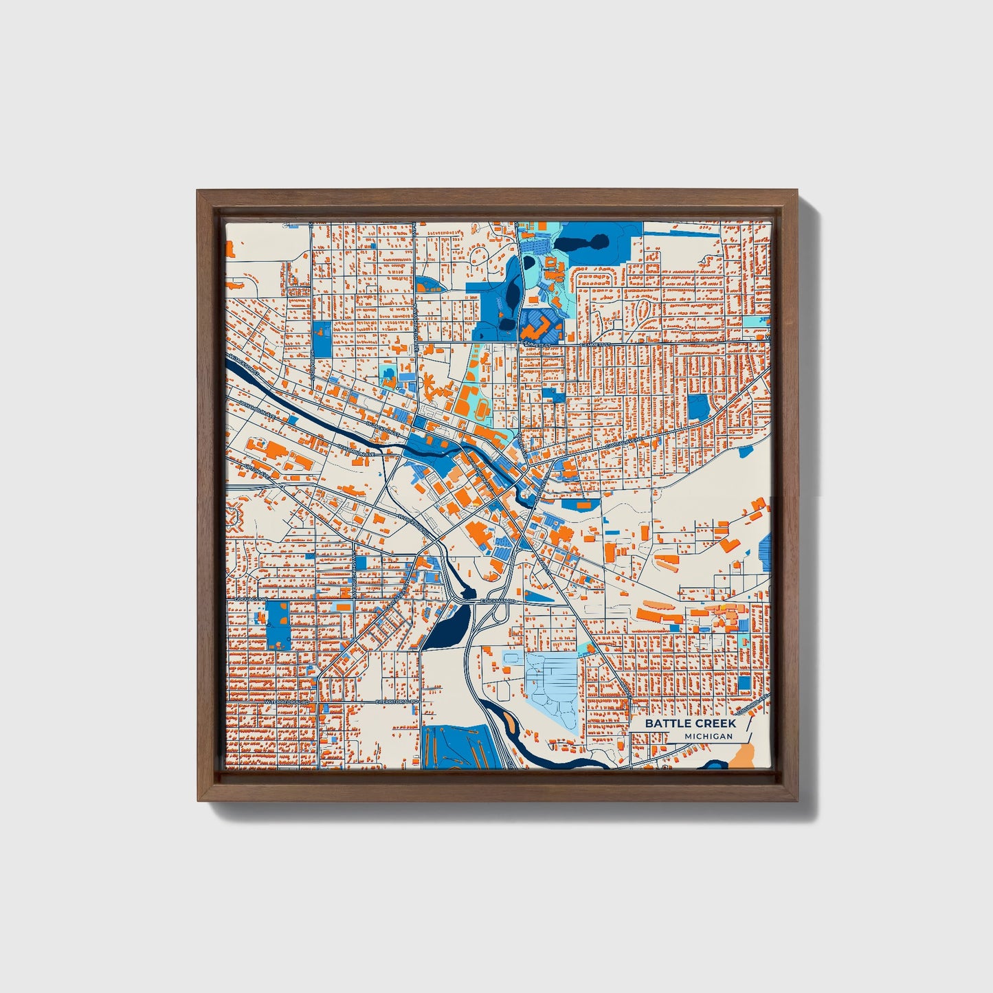 Battle Creek Michigan Colorful City Map Canvas Print • Dark Wooden Framed