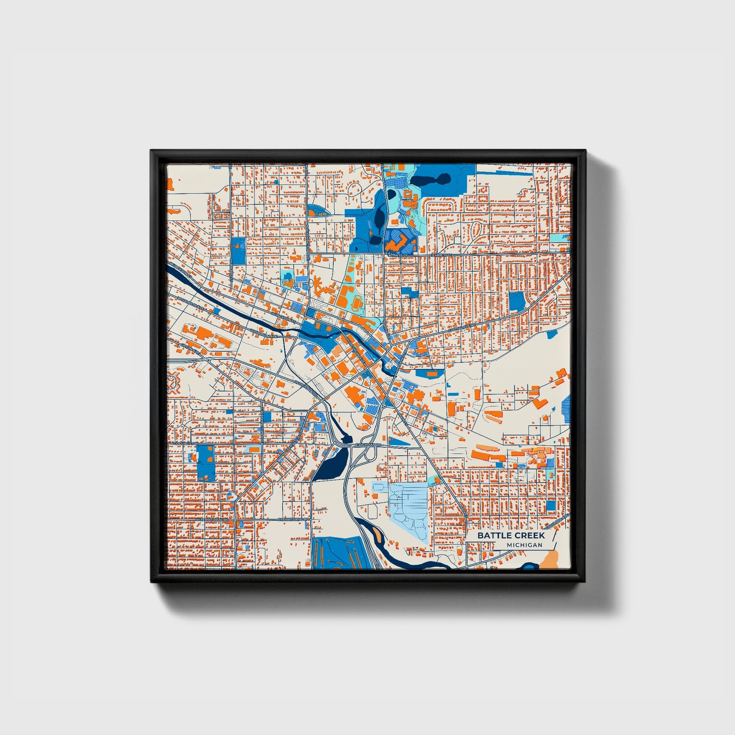 Battle Creek Michigan Colorful City Map Canvas Print • Black Framed