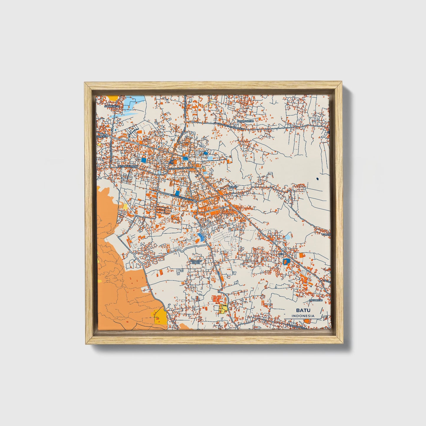 Batu Indonesia Colorful City Map Canvas Print • Natural Wooden Framed