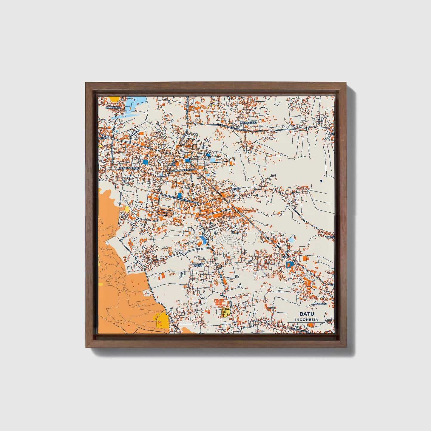 Batu Indonesia Colorful City Map Canvas Print • Dark Wooden Framed