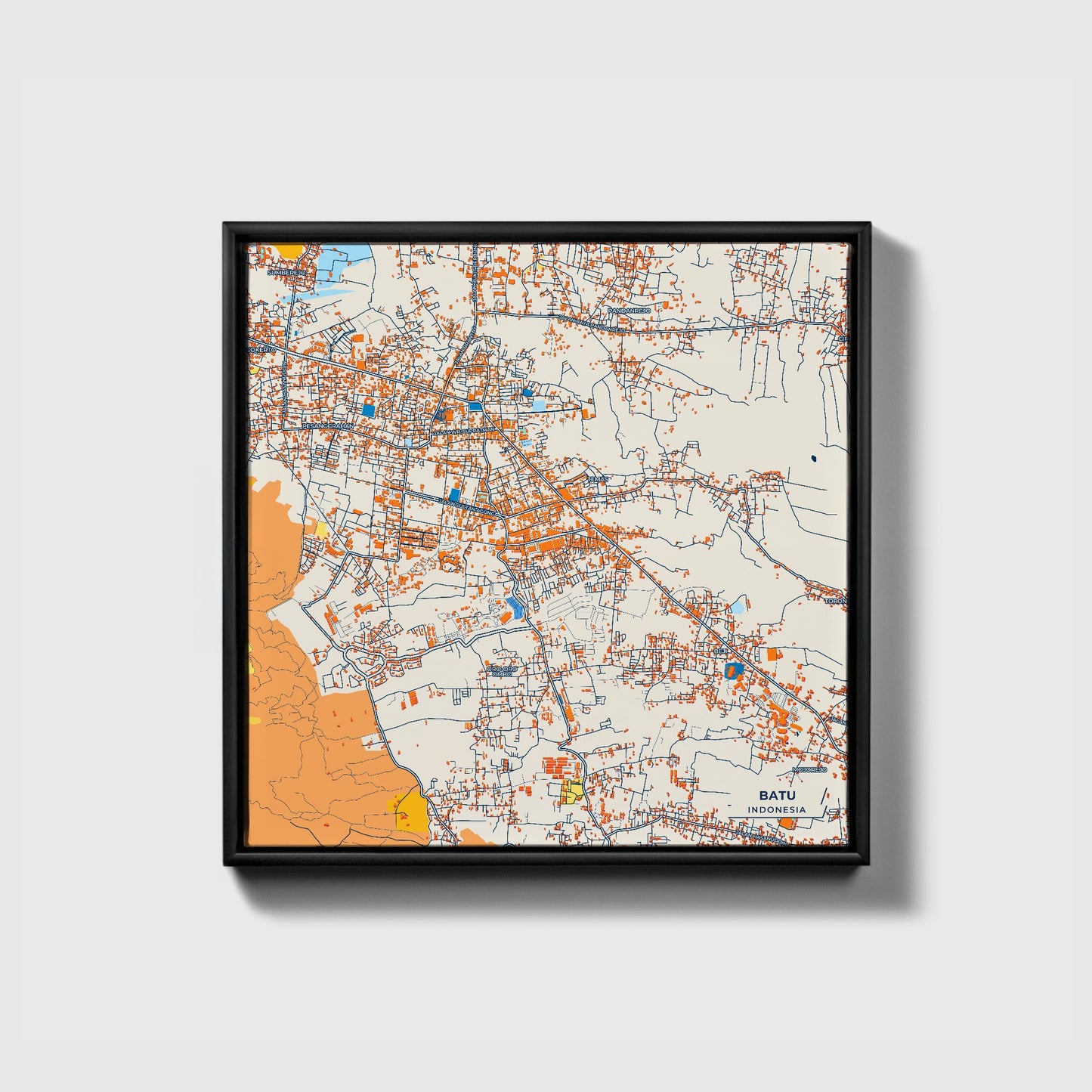Batu Indonesia Colorful City Map Canvas Print • Black Framed