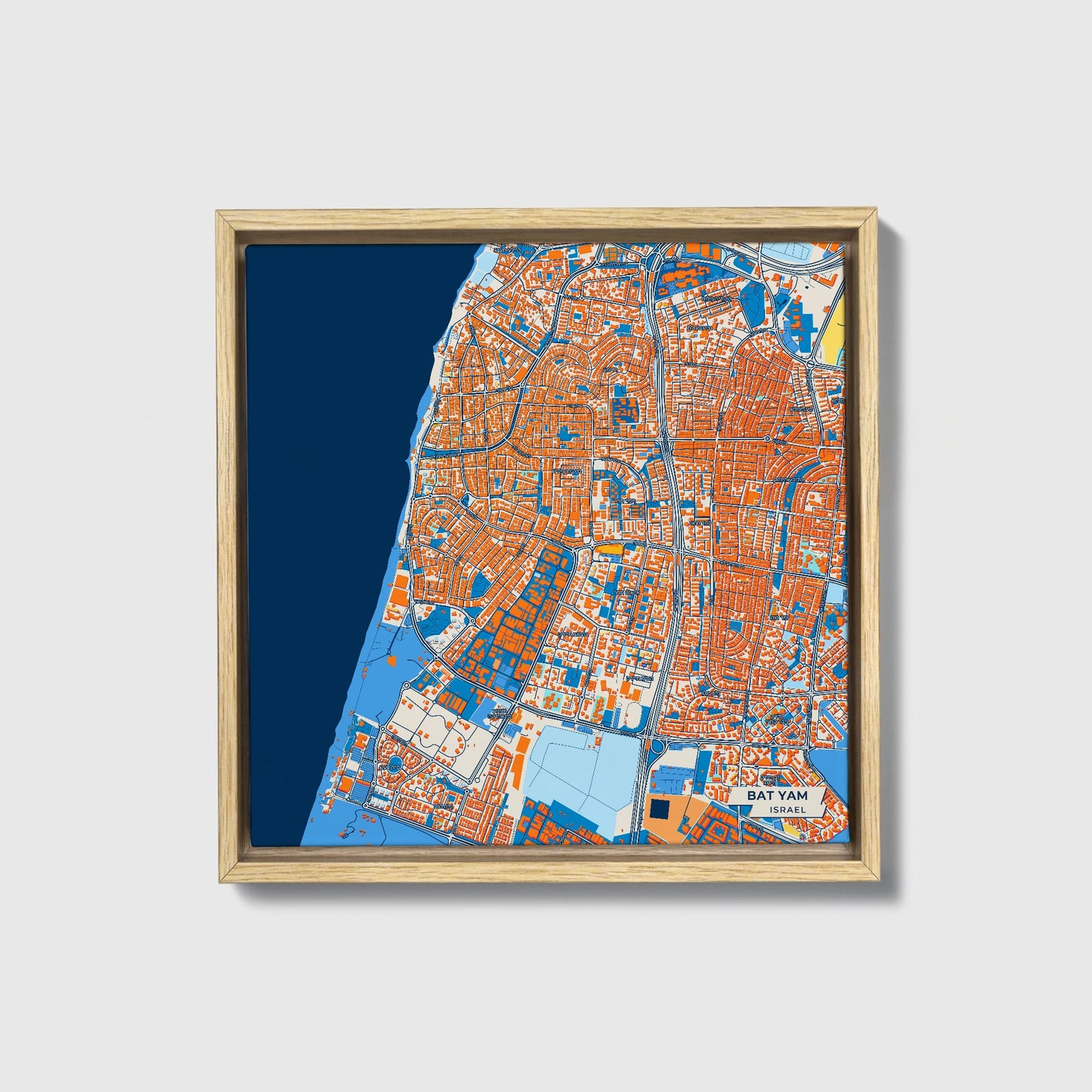 Bat Yam Israel Colorful City Map Canvas Print • Natural Wooden Framed