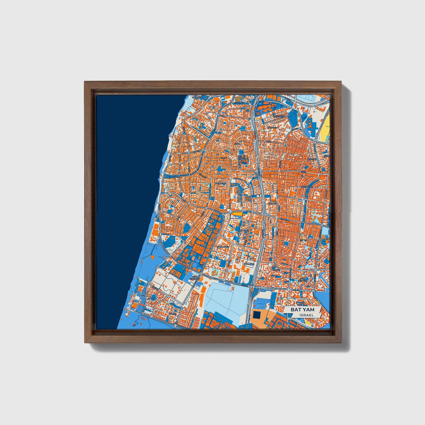 Bat Yam Israel Colorful City Map Canvas Print • Dark Wooden Framed