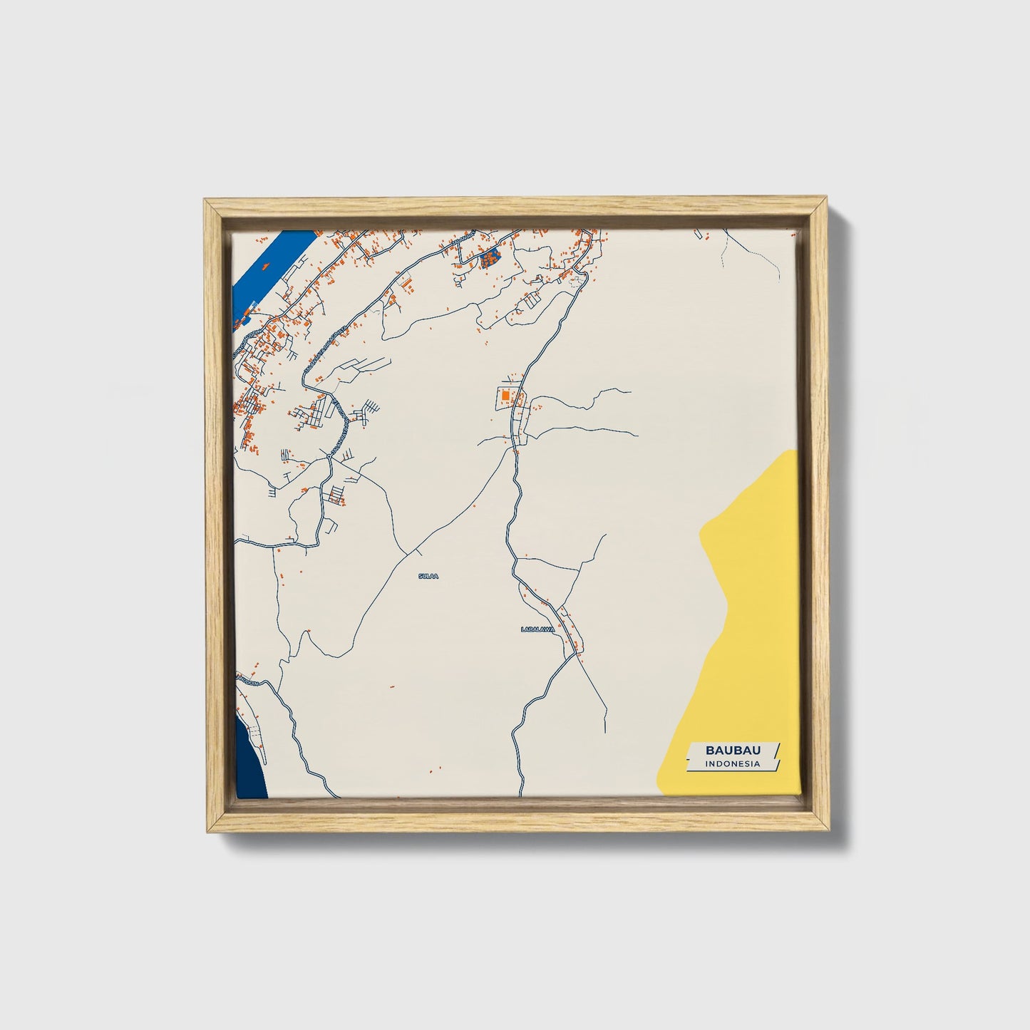 Baubau Indonesia Colorful City Map Canvas Print • Natural Wooden Framed