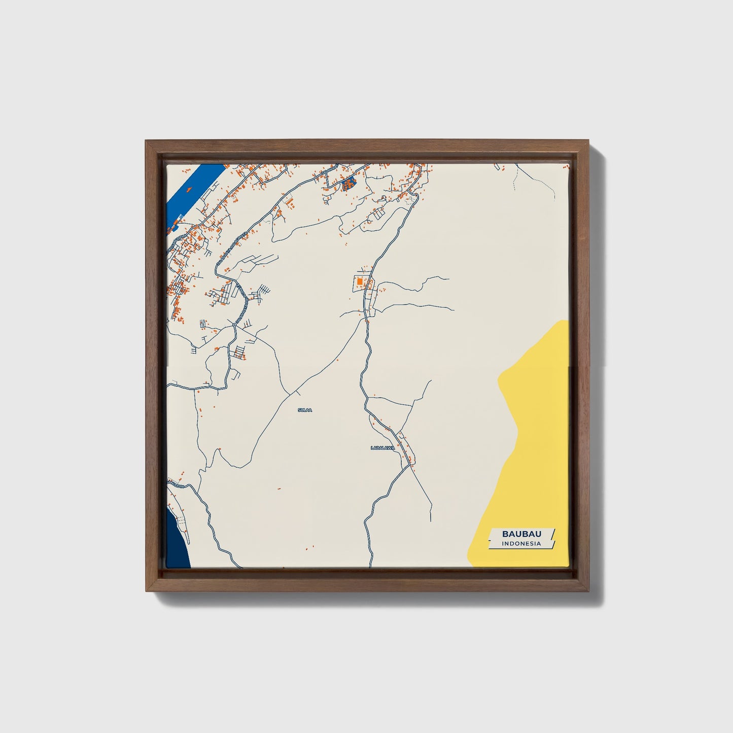 Baubau Indonesia Colorful City Map Canvas Print • Dark Wooden Framed