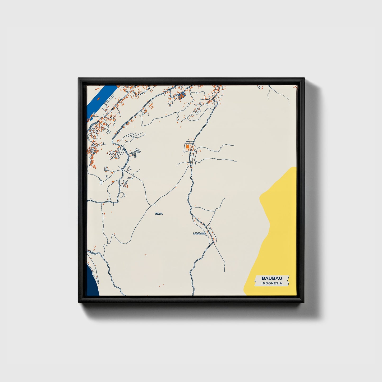 Baubau Indonesia Colorful City Map Canvas Print • Black Framed