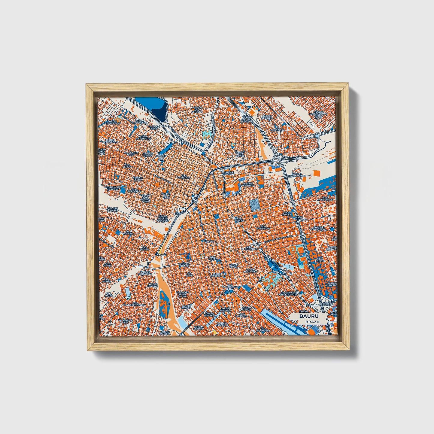 Bauru Brazil Colorful City Map Canvas Print • Natural Wooden Framed