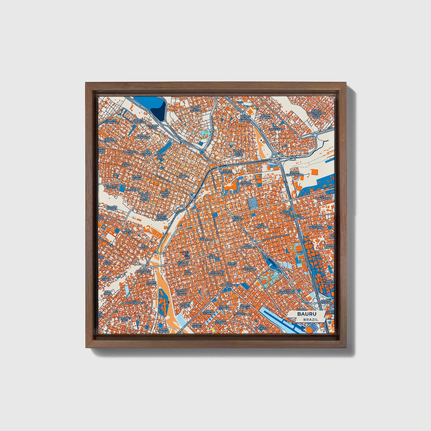 Bauru Brazil Colorful City Map Canvas Print • Dark Wooden Framed