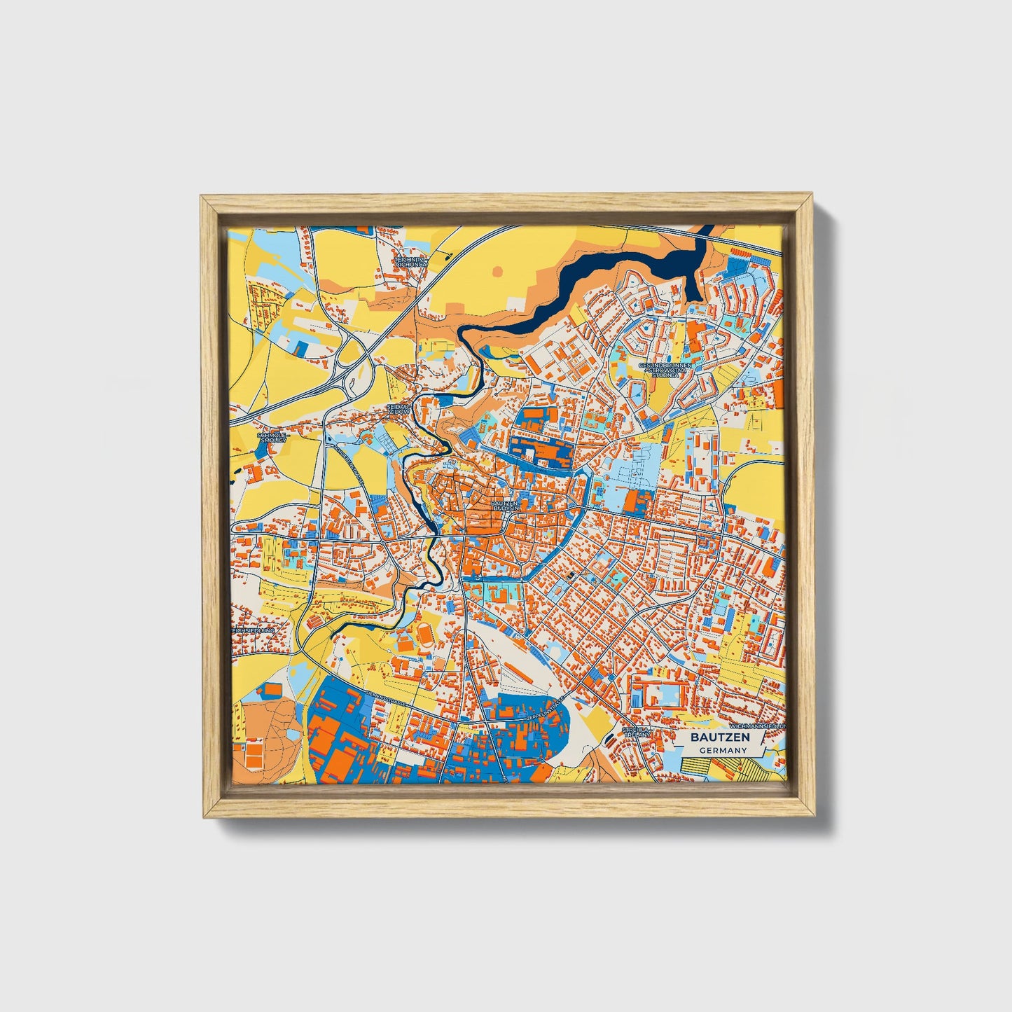 Bautzen Germany Colorful City Map Canvas Print • Natural Wooden Framed