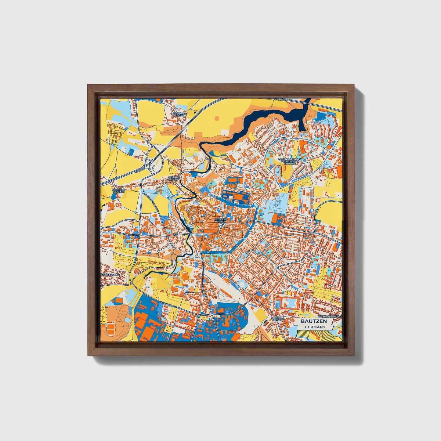 Bautzen Germany Colorful City Map Canvas Print • Dark Wooden Framed