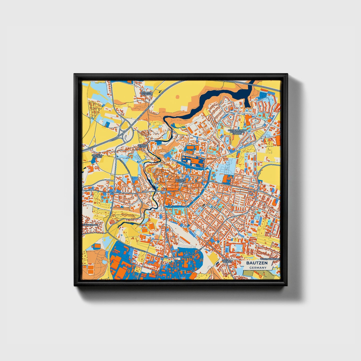Bautzen Germany Colorful City Map Canvas Print • Black Framed