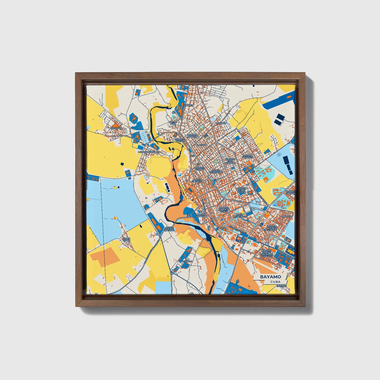 Bayamo Cuba Colorful City Map Canvas Print • Dark Wooden Framed