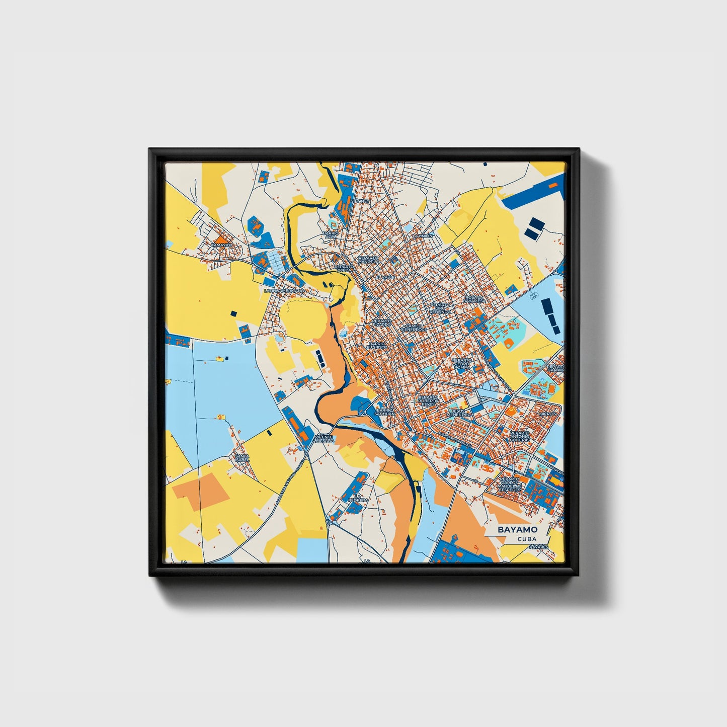 Bayamo Cuba Colorful City Map Canvas Print • Black Framed