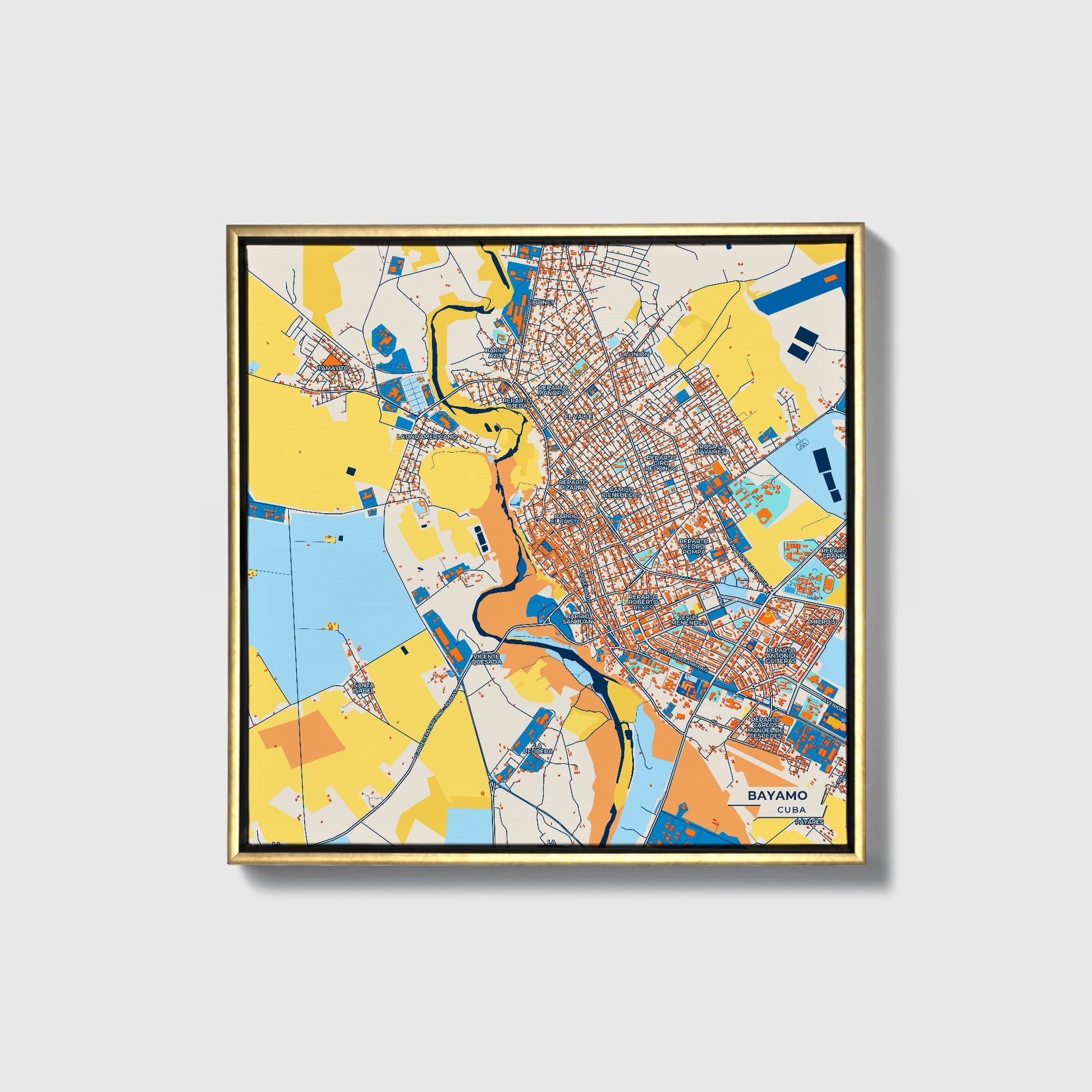 Bayamo Cuba Colorful City Map Canvas Print • Gold Framed
