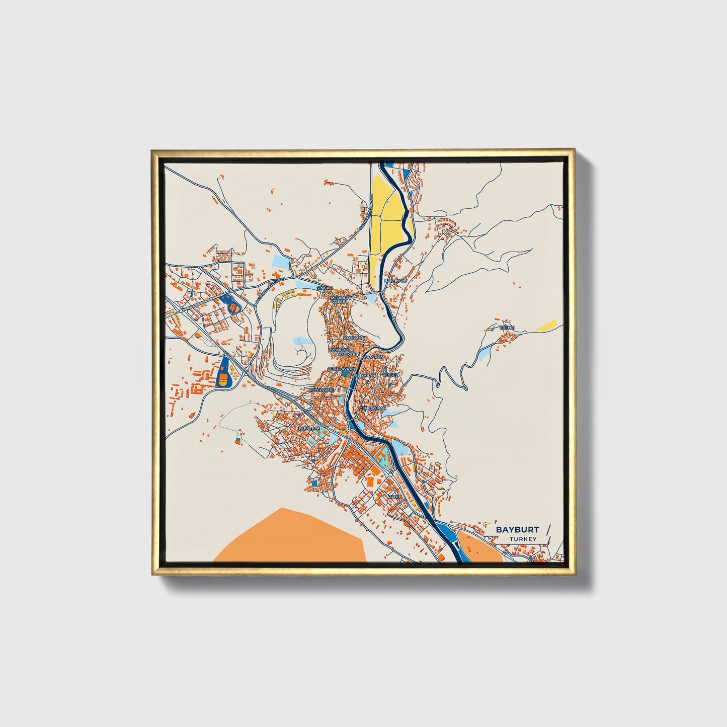 Bayburt Turkey Colorful City Map Canvas Print • Gold Framed