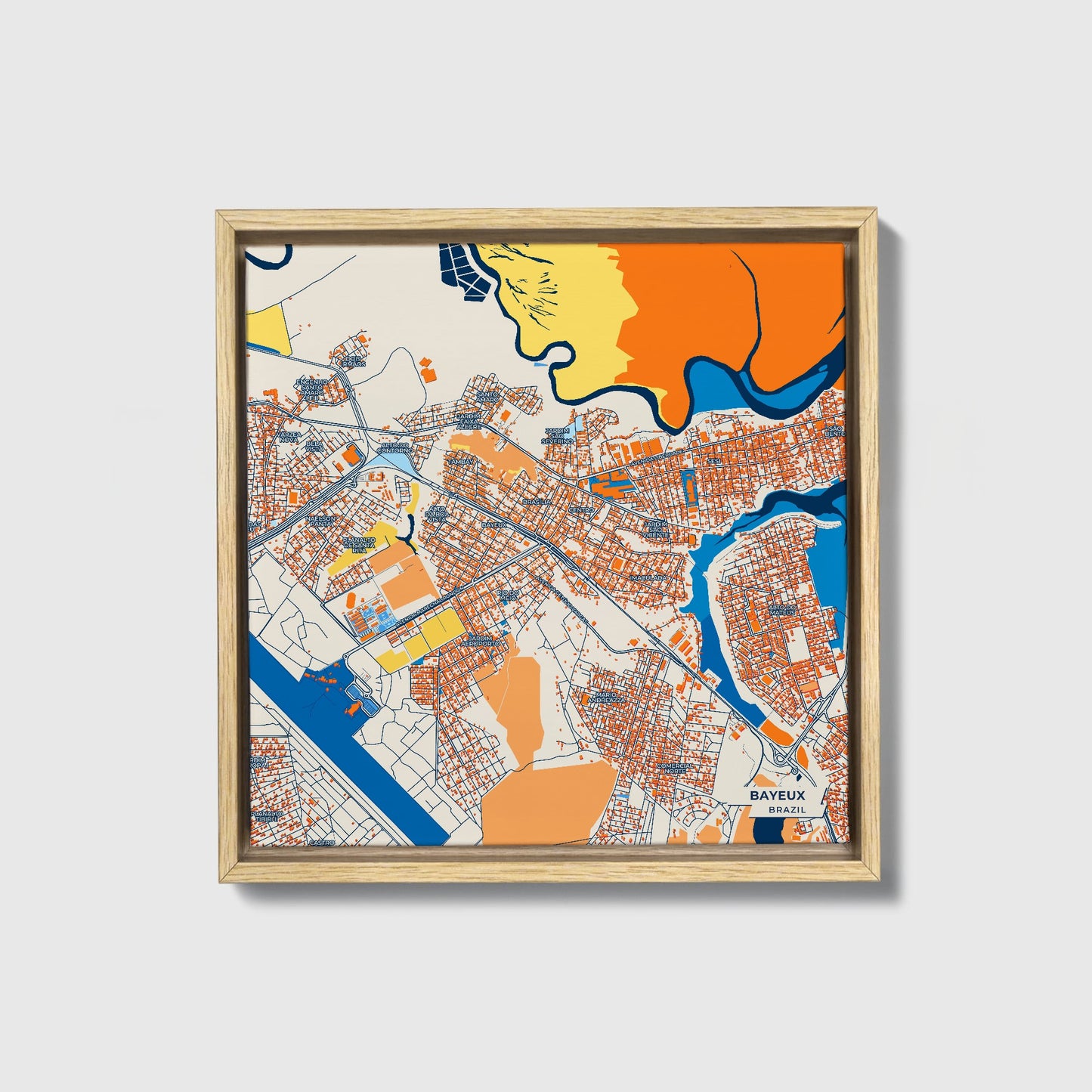Bayeux Brazil Colorful City Map Canvas Print • Natural Wooden Framed