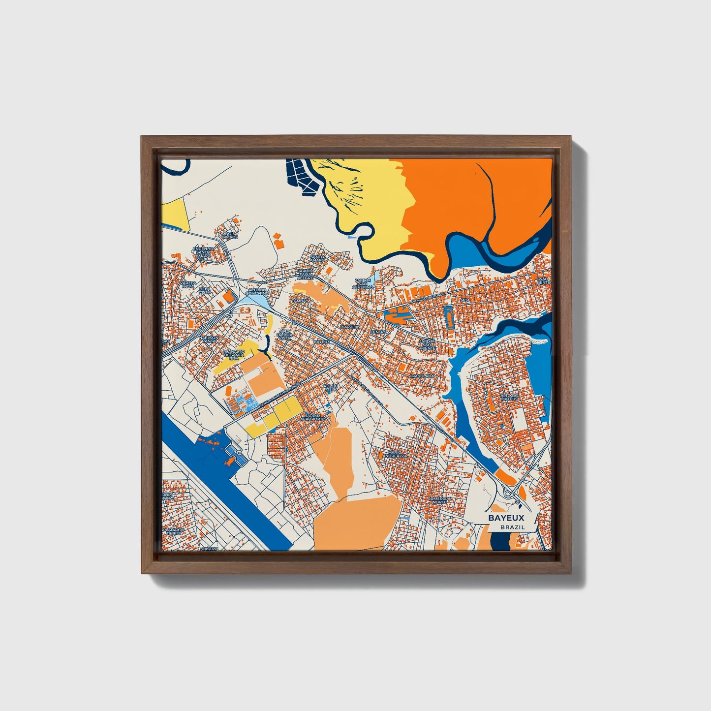Bayeux Brazil Colorful City Map Canvas Print • Dark Wooden Framed