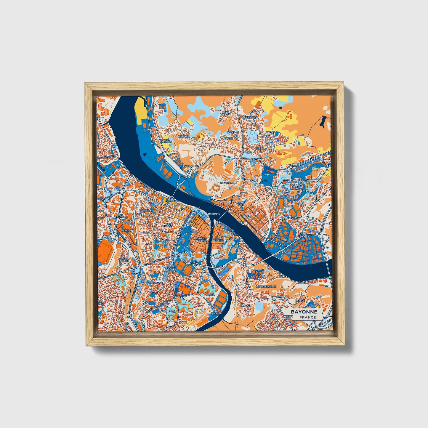 Bayonne France Colorful City Map Canvas Print • Natural Wooden Framed