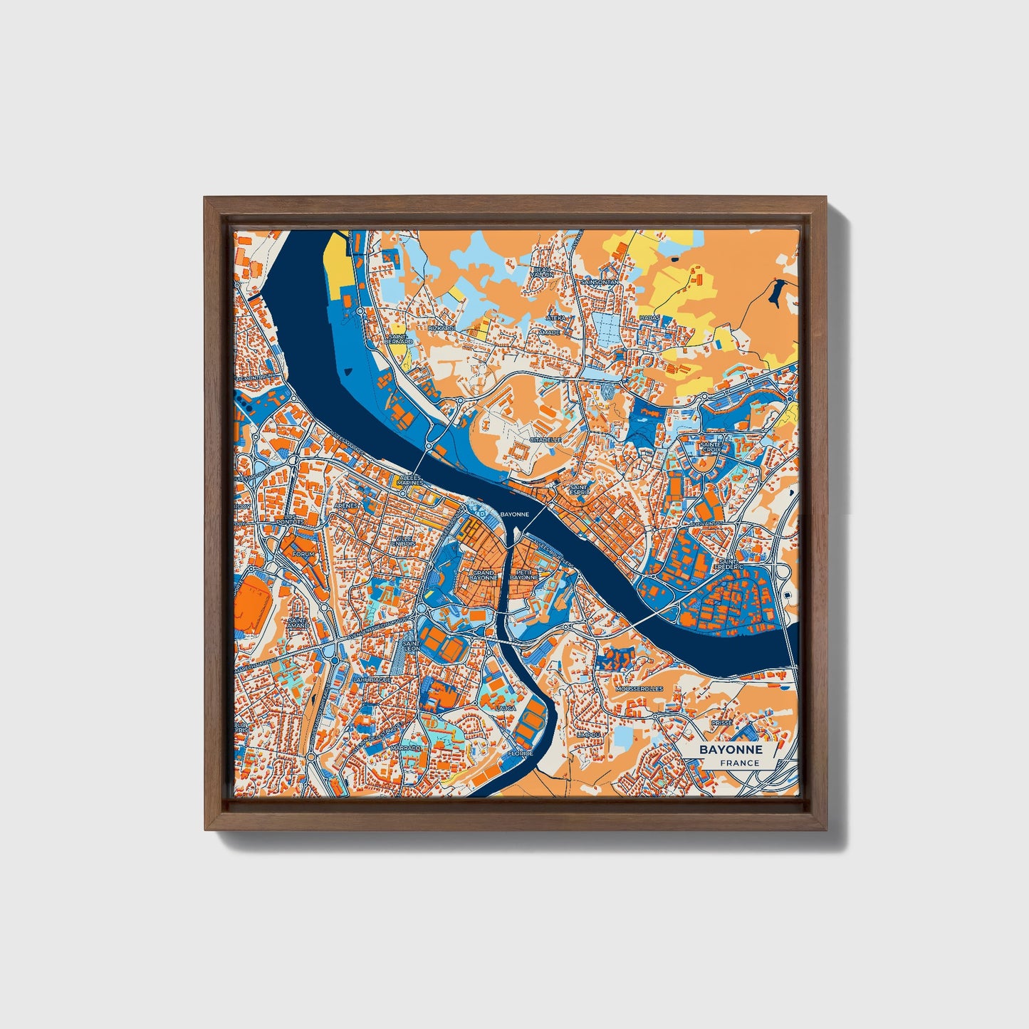 Bayonne France Colorful City Map Canvas Print • Dark Wooden Framed