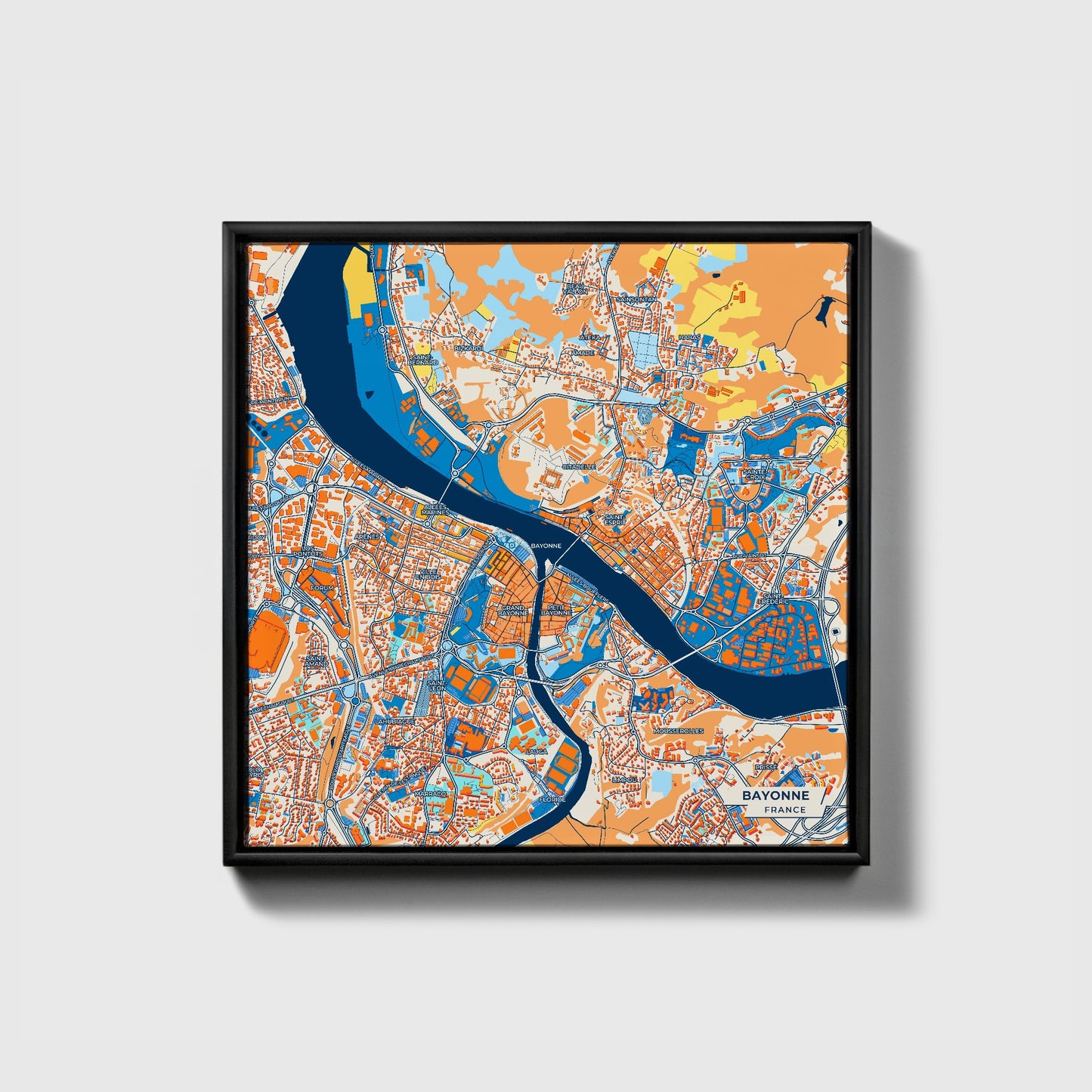 Bayonne France Colorful City Map Canvas Print • Black Framed