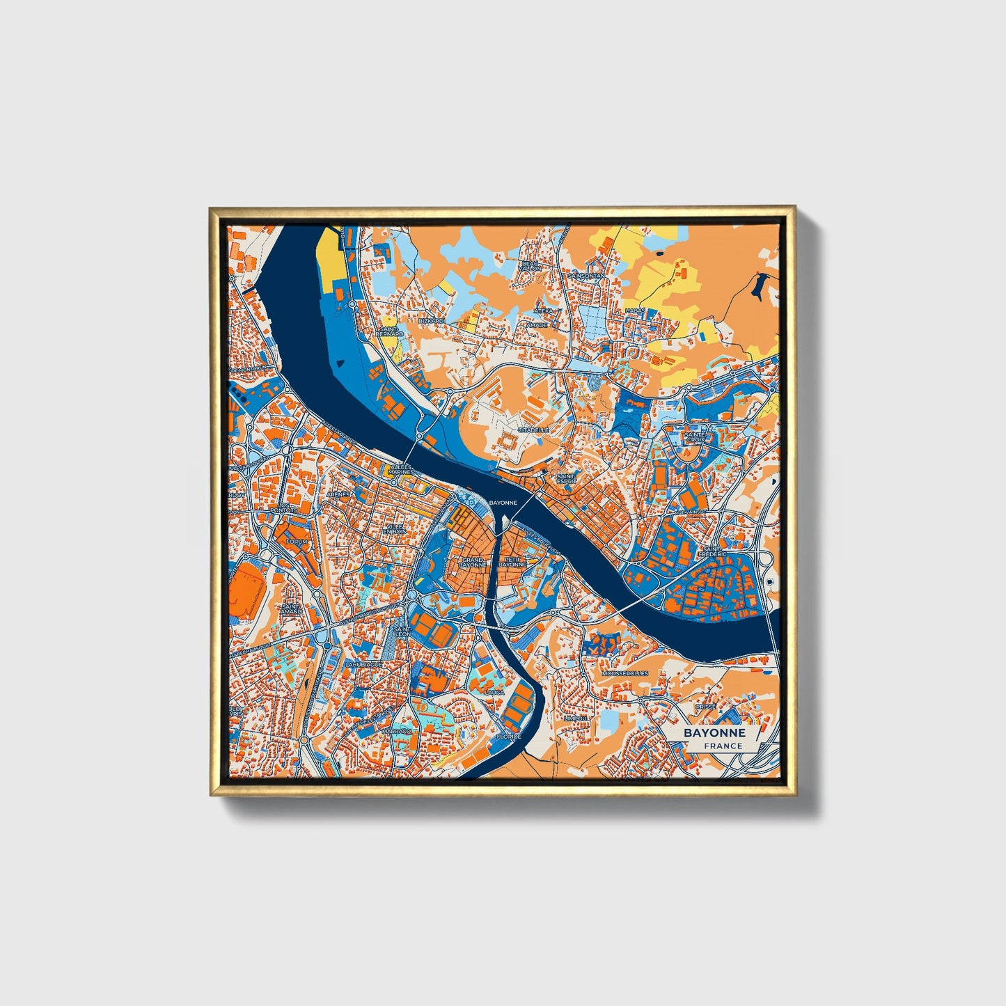 Bayonne France Colorful City Map Canvas Print • Gold Framed