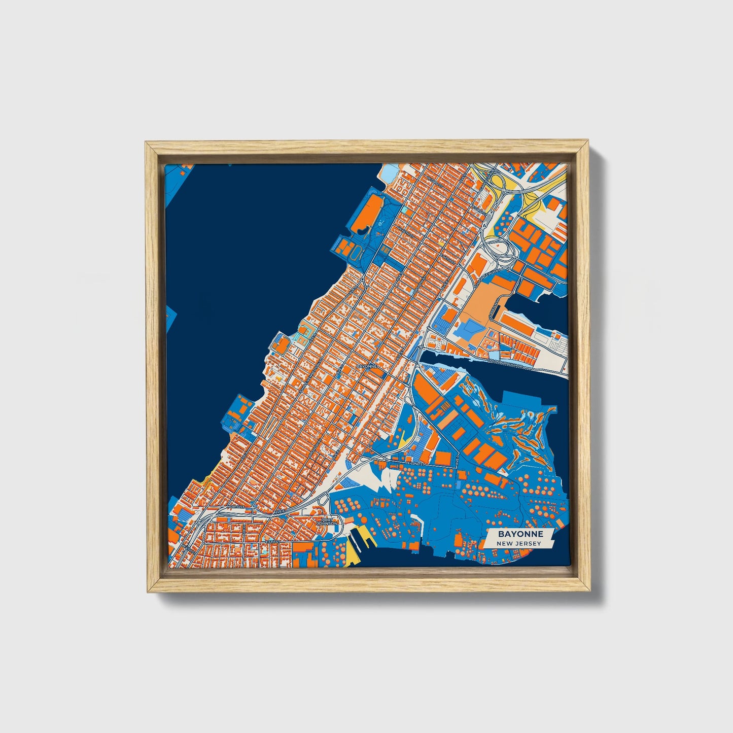 Bayonne New Jersey Colorful City Map Canvas Print • Natural Wooden Framed