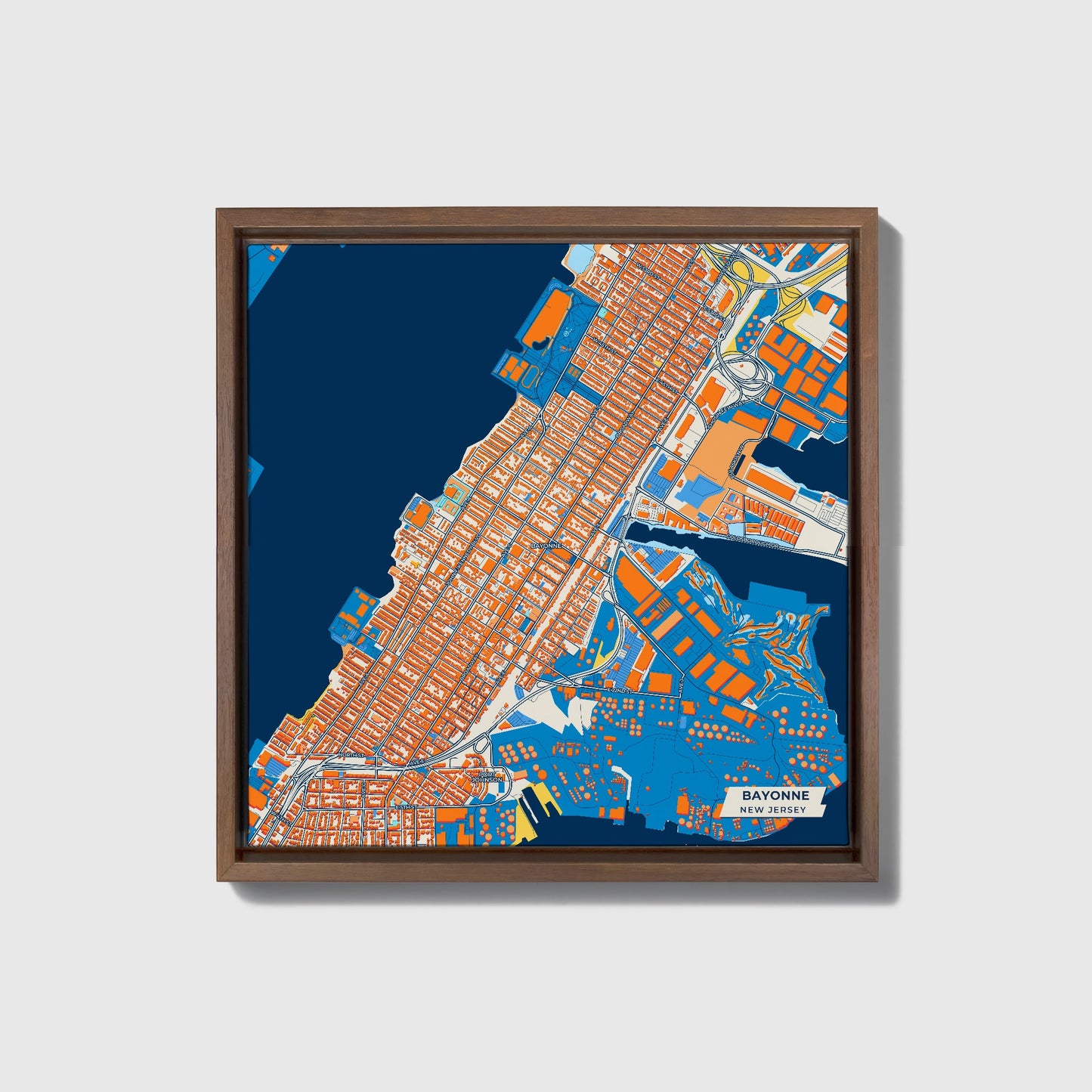 Bayonne New Jersey Colorful City Map Canvas Print • Dark Wooden Framed