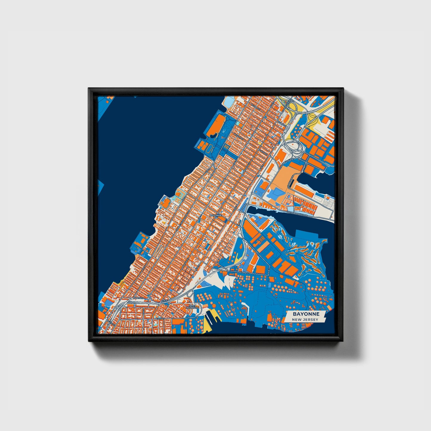 Bayonne New Jersey Colorful City Map Canvas Print • Black Framed