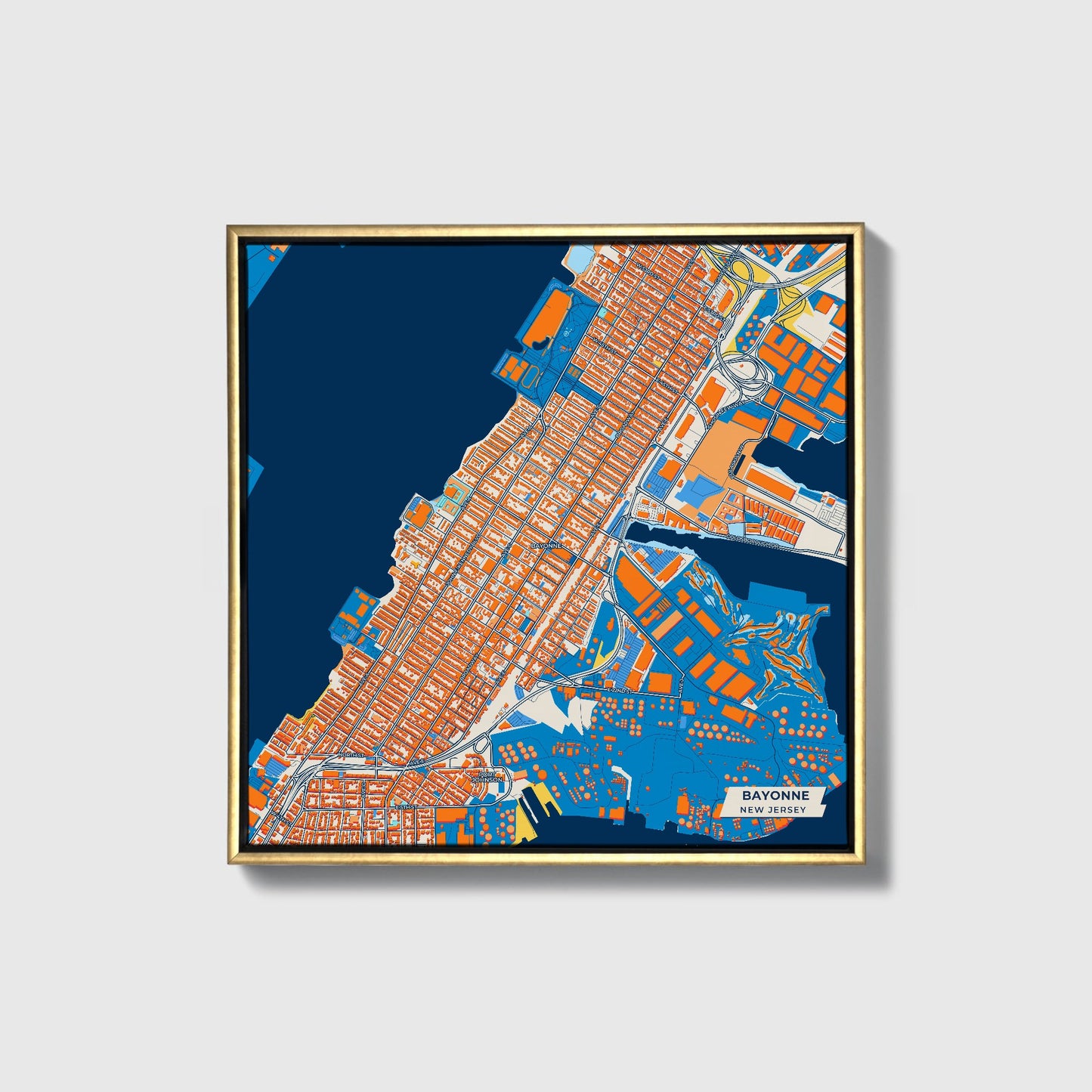 Bayonne New Jersey Colorful City Map Canvas Print • Gold Framed