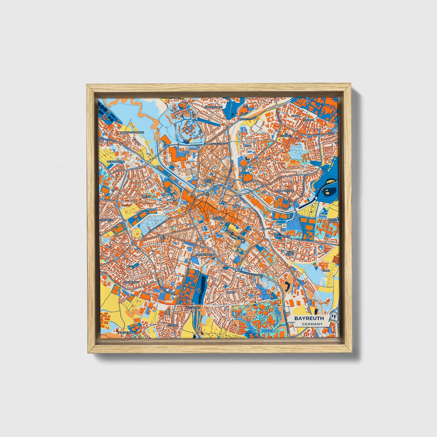 Bayreuth Germany Colorful City Map Canvas Print • Natural Wooden Framed