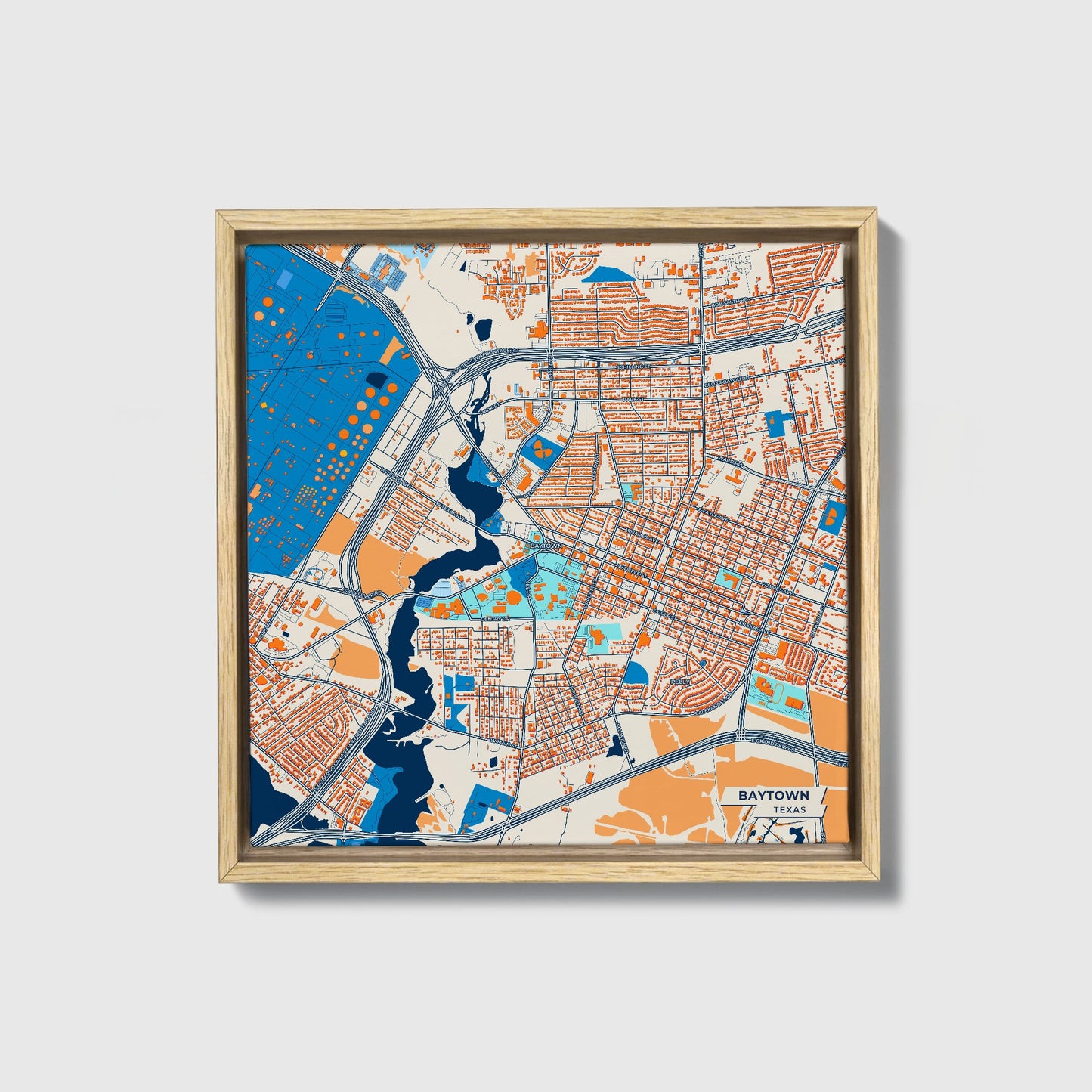 Baytown Texas Colorful City Map Canvas Print • Natural Wooden Framed