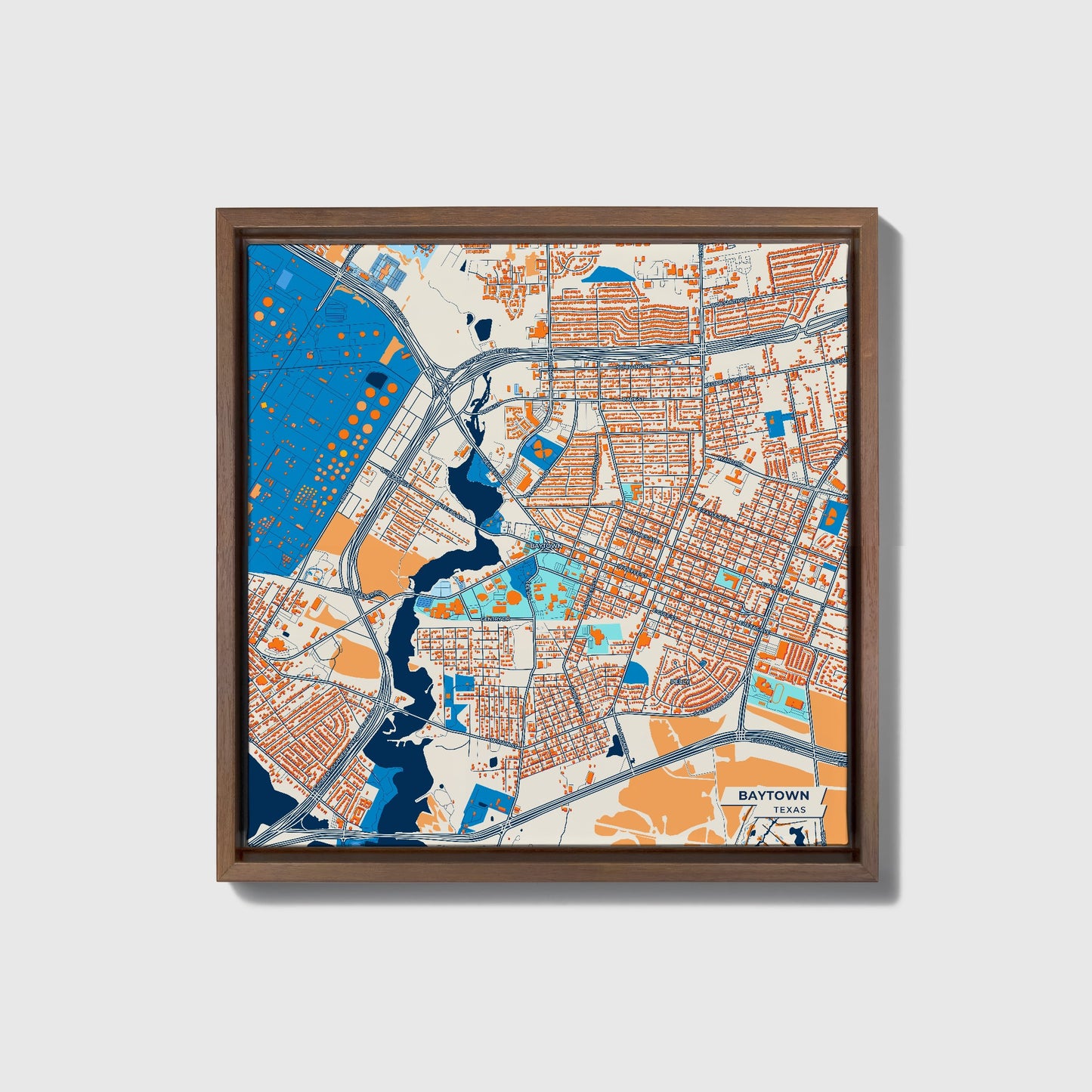 Baytown Texas Colorful City Map Canvas Print • Dark Wooden Framed