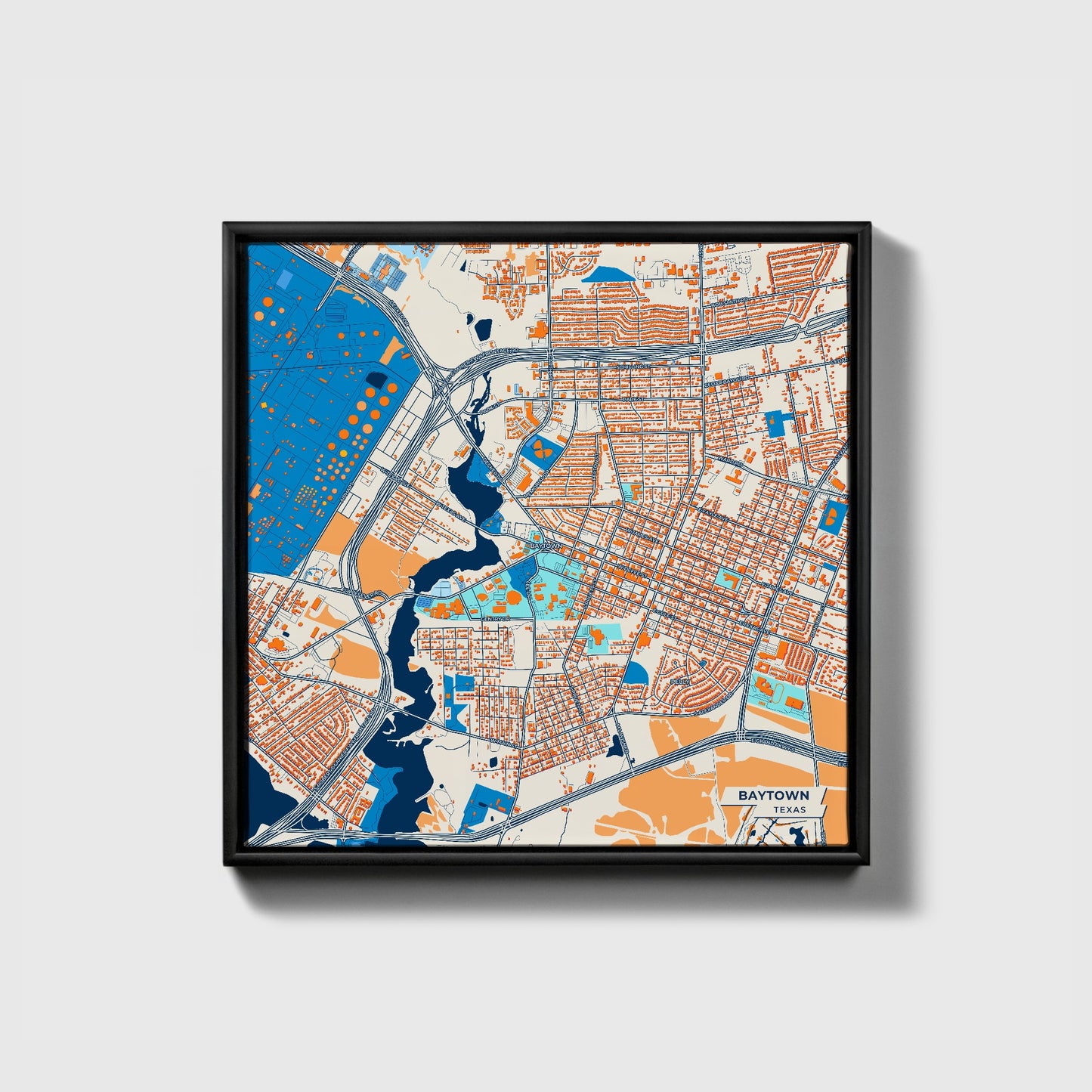 Baytown Texas Colorful City Map Canvas Print • Black Framed
