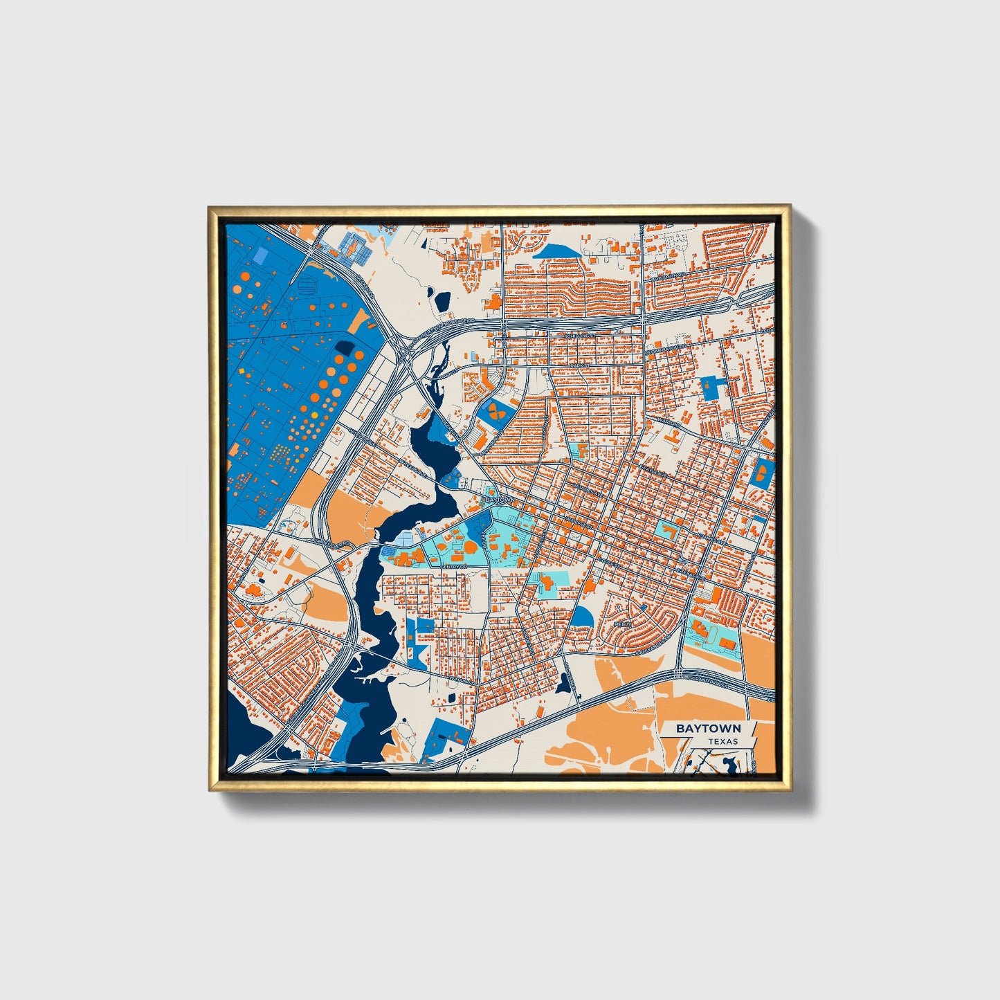 Baytown Texas Colorful City Map Canvas Print • Gold Framed