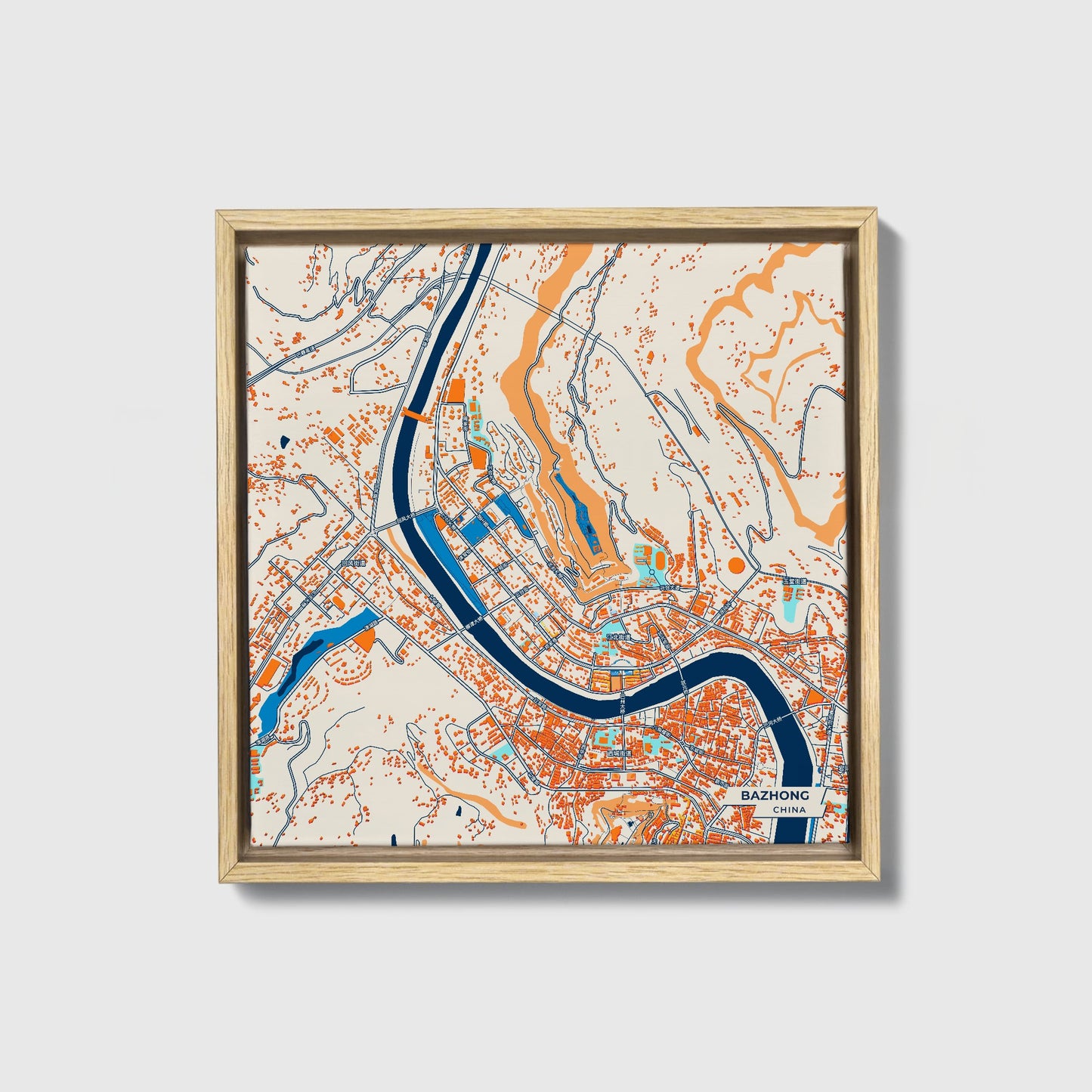Bazhong China Colorful City Map Canvas Print • Natural Wooden Framed