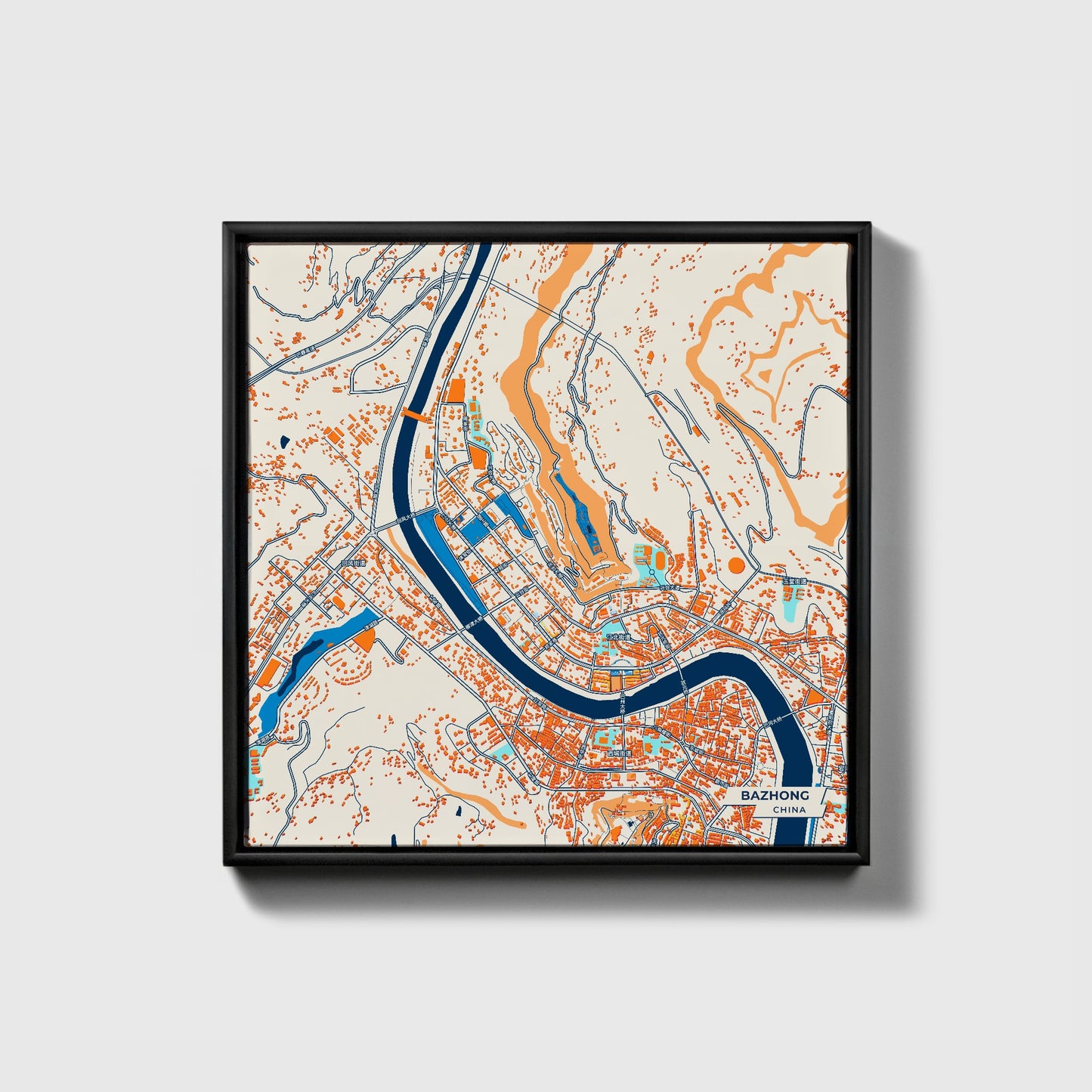 Bazhong China Colorful City Map Canvas Print • Black Framed